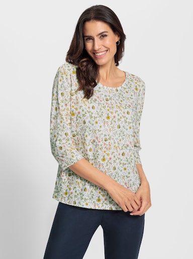 3/4-Arm-Shirt mit Wiesenblumen-Dessin - ecru-oliv-bedruckt
