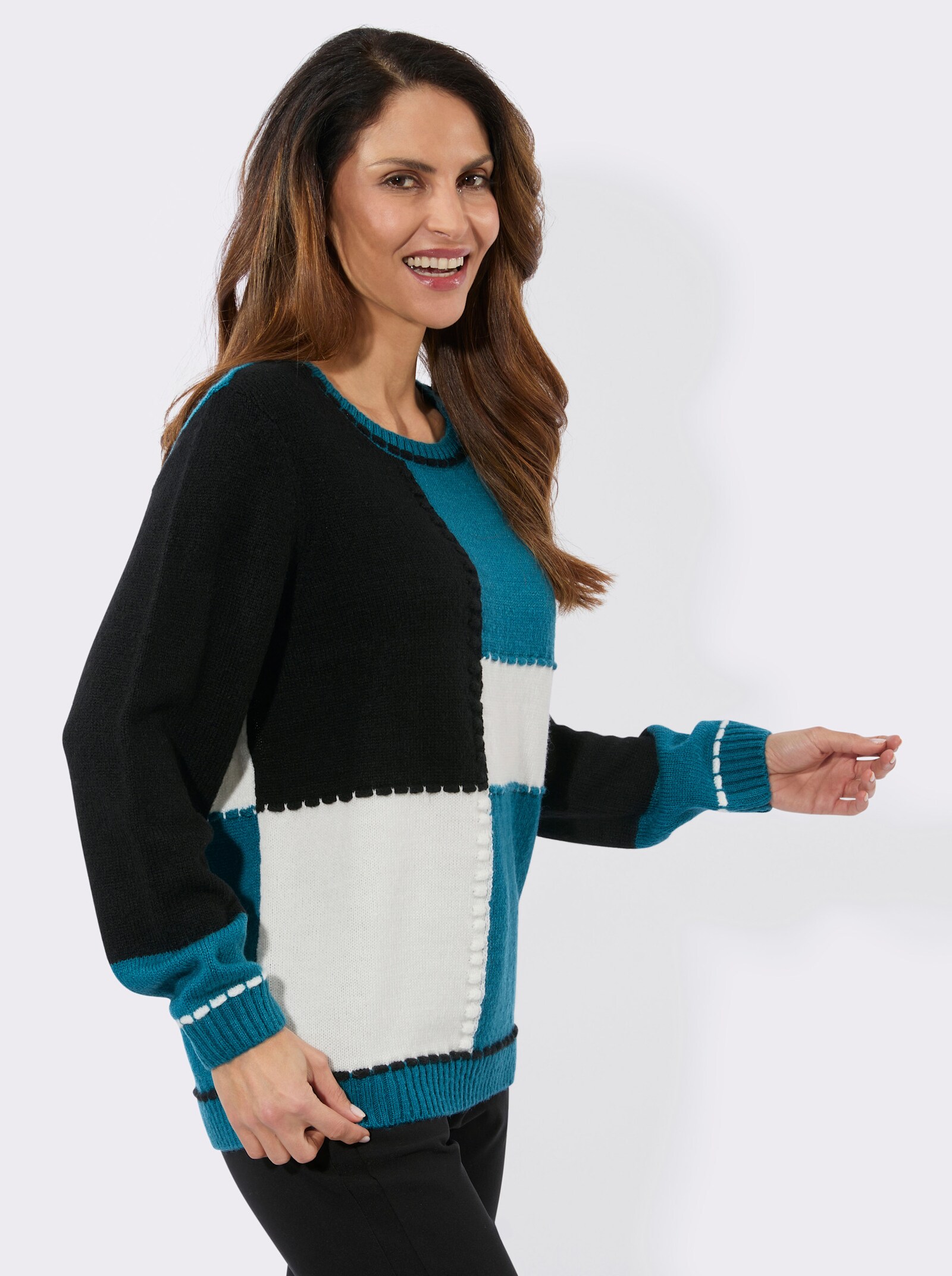 Langarm-Pullover in Colour-Blocking-Optik - aquapetrol-schwarz