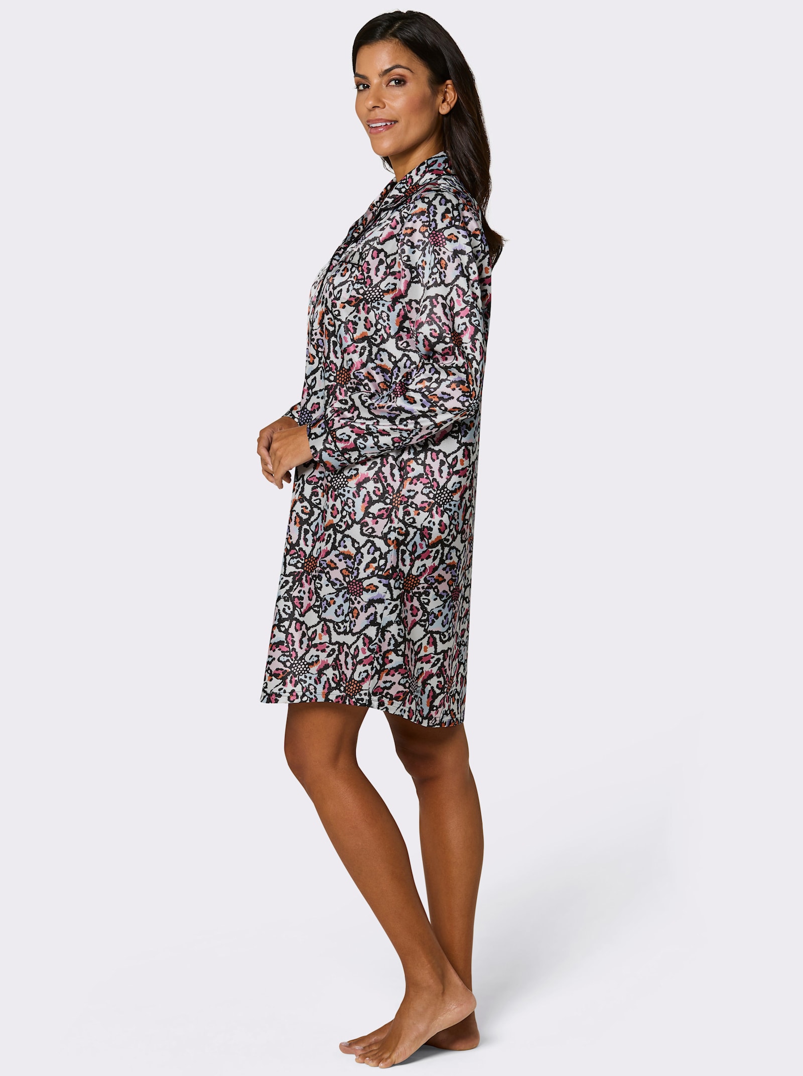 wäschepur Langarm-Sleepshirt mit durchgehender Knopfleiste - schwarz-fuchsia-bedruckt