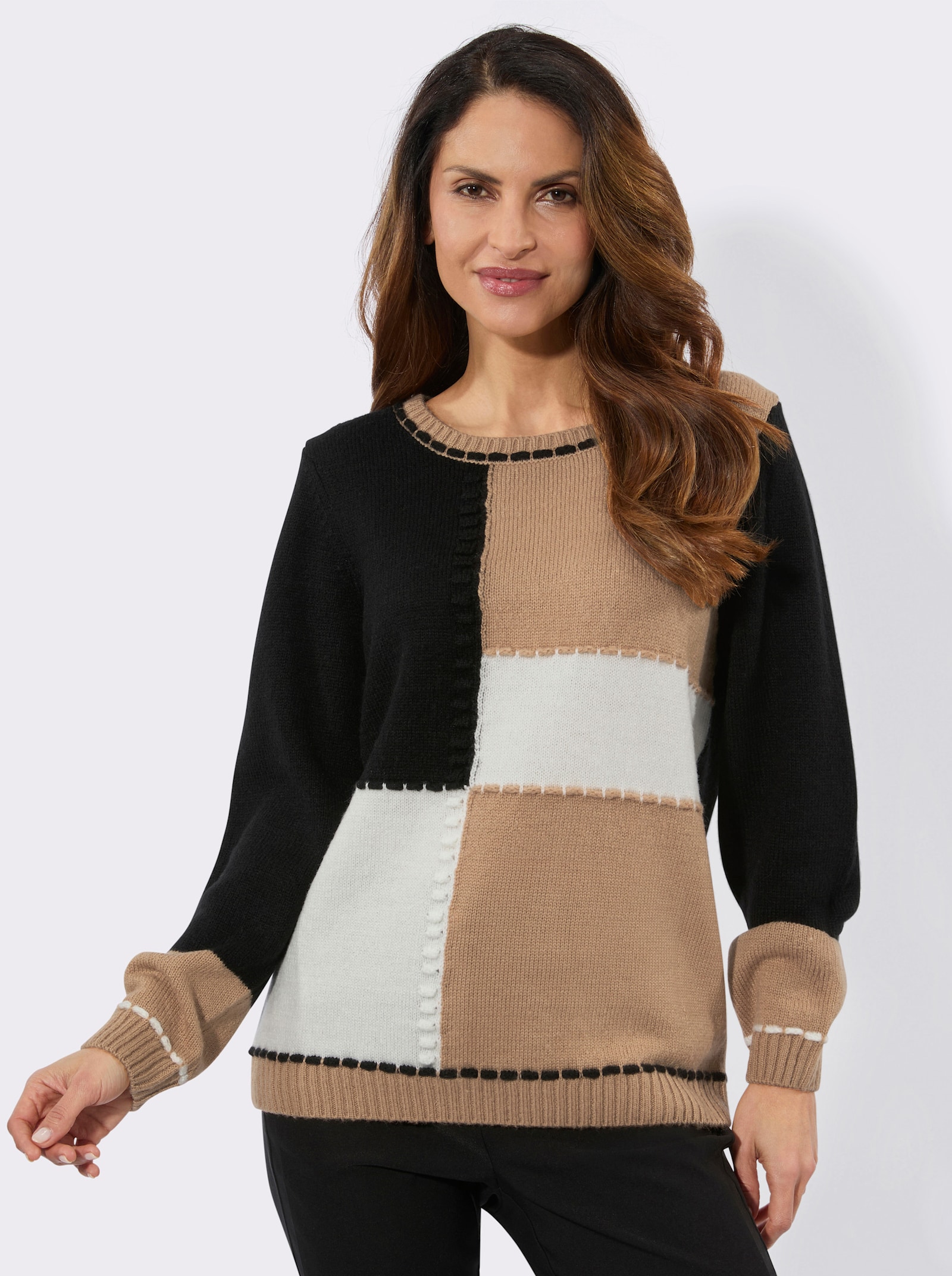 Langarm-Pullover in Colour-Blocking-Optik - camel-schwarz