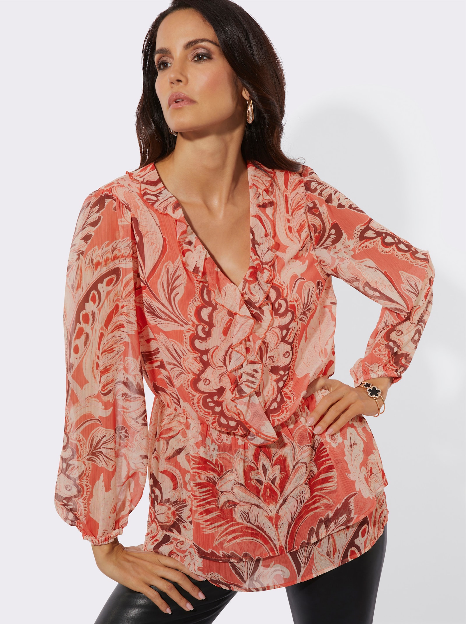 Tunika im Lagenlook - champagner-koralle-bedruckt