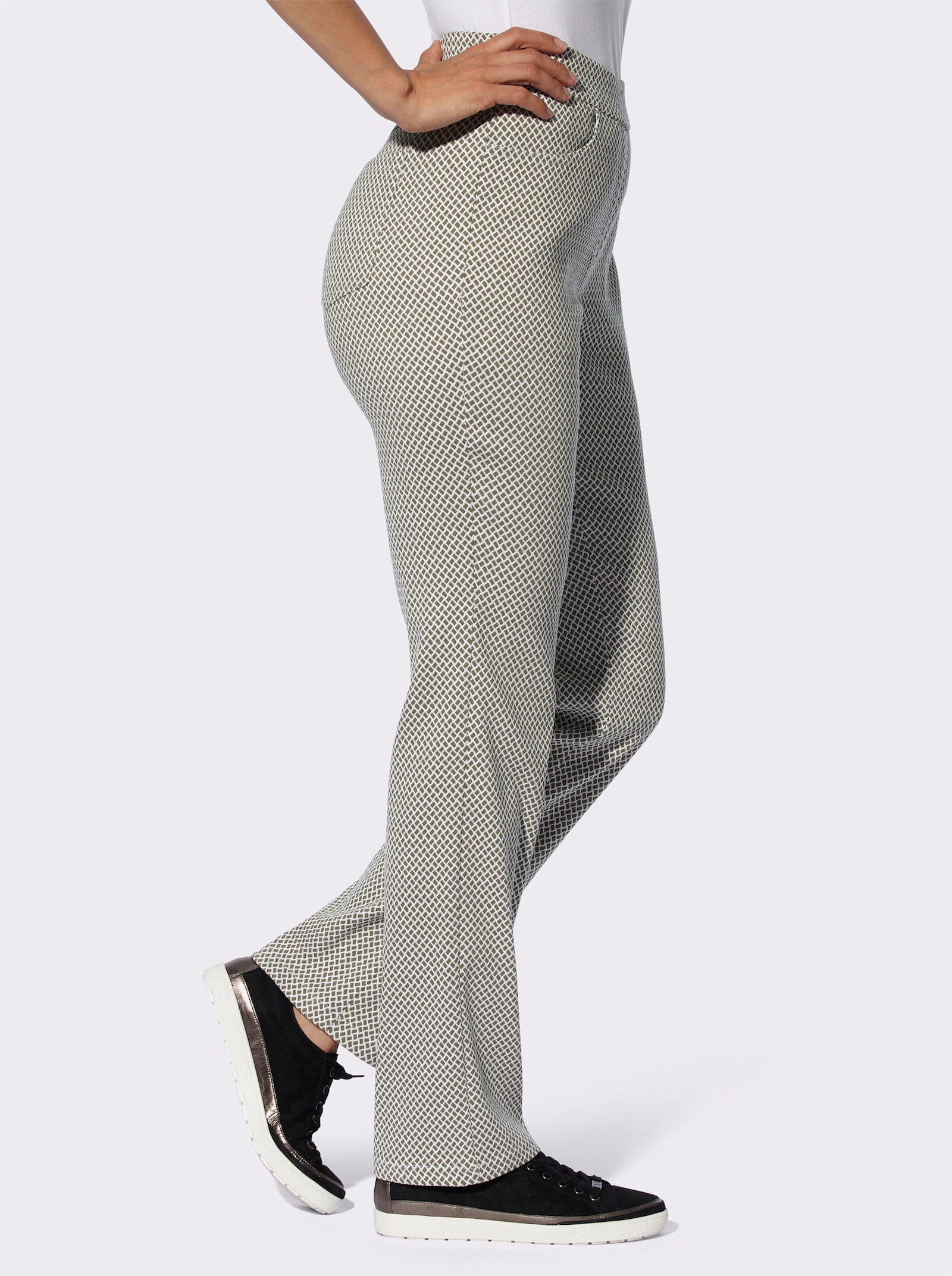 Stretch-Hose in knitterarmer Koffer-Qualität - khaki-ecru-gemustert