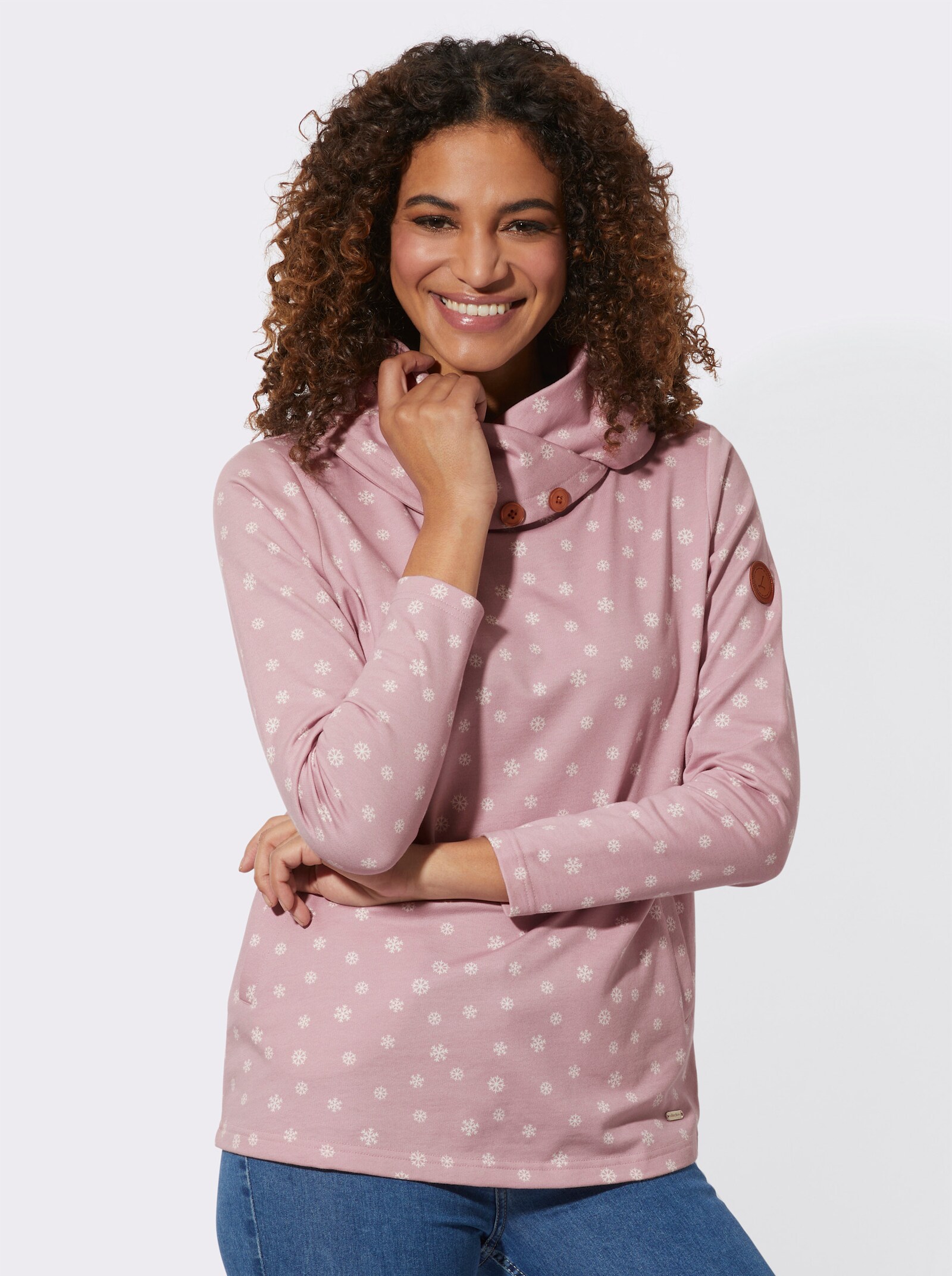 Rollkragenshirt mit Schneeflocken bedruckt - mauve-weiß-bedruckt