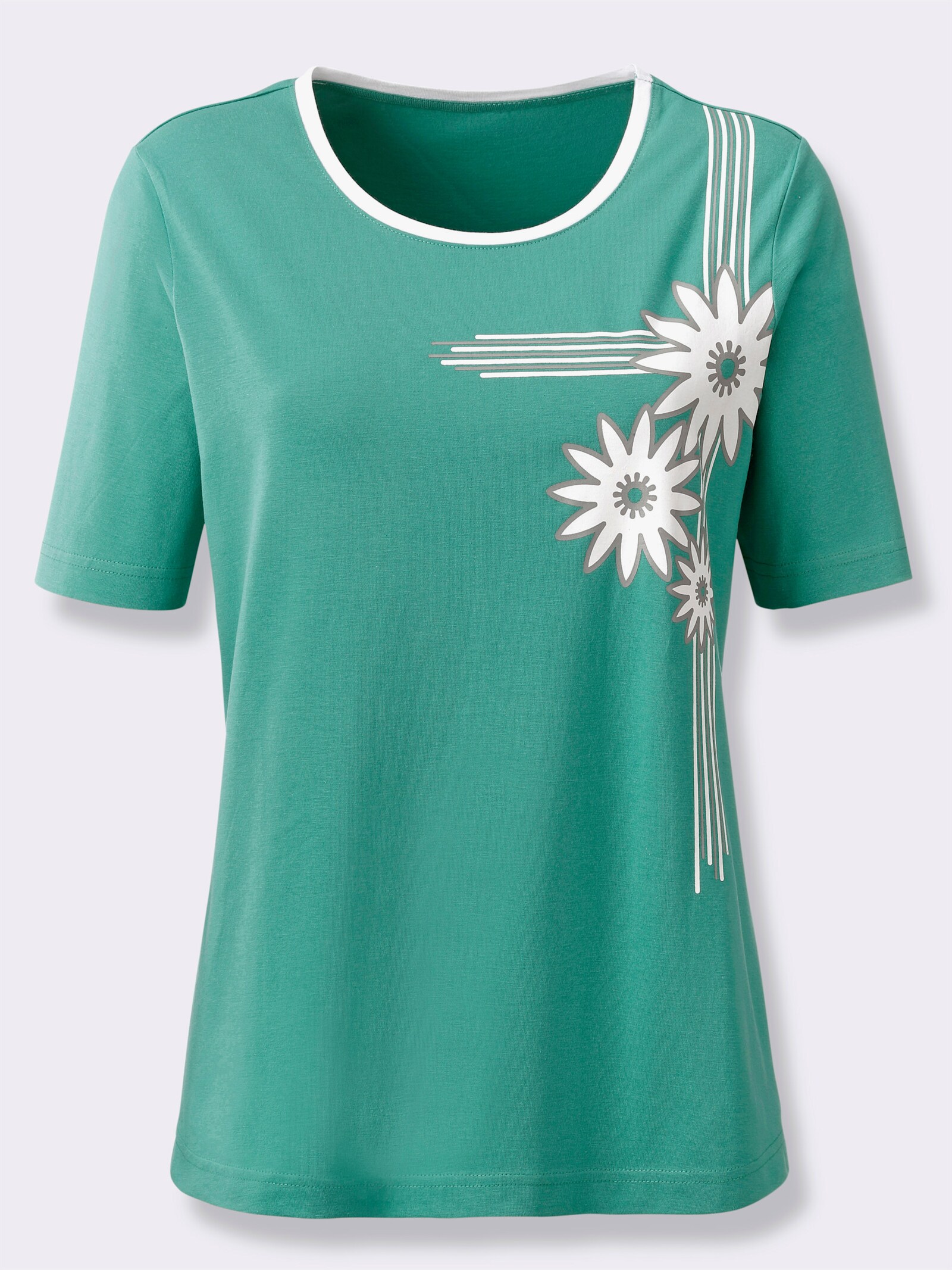 Kurzarmshirt mit platziertem Blütenprint - smaragd
