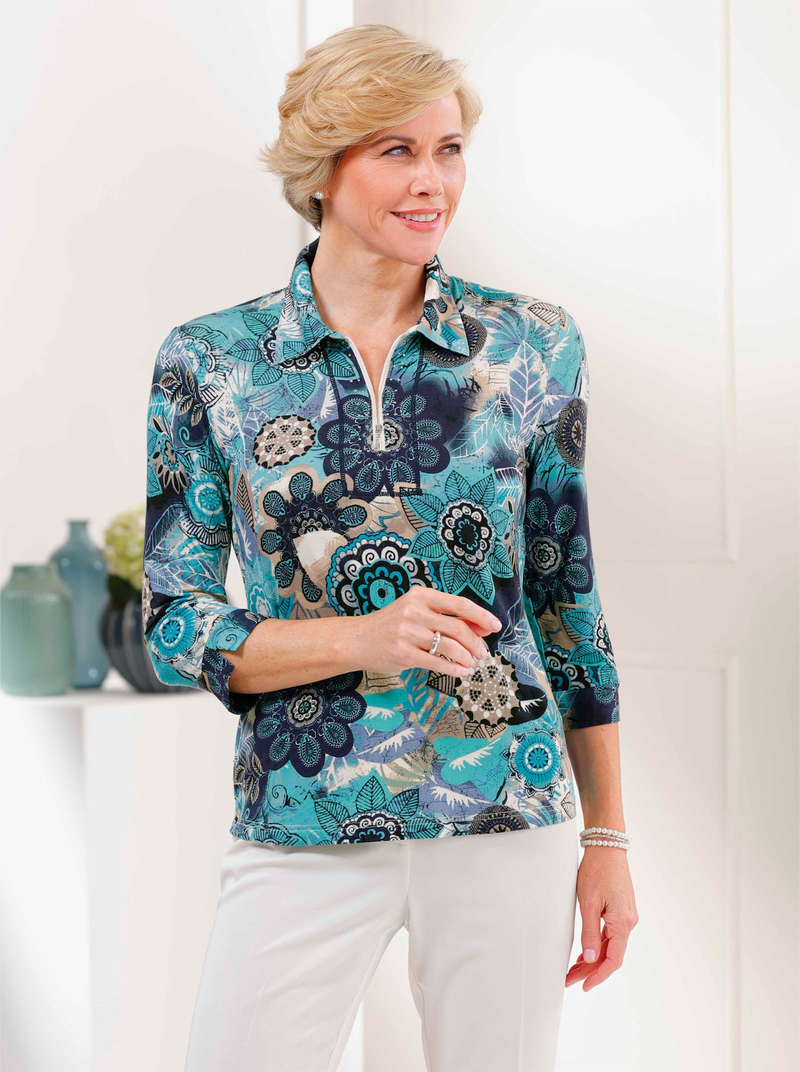 Poloshirt met glitterapplicatie - aquamarine/ecru bedrukt