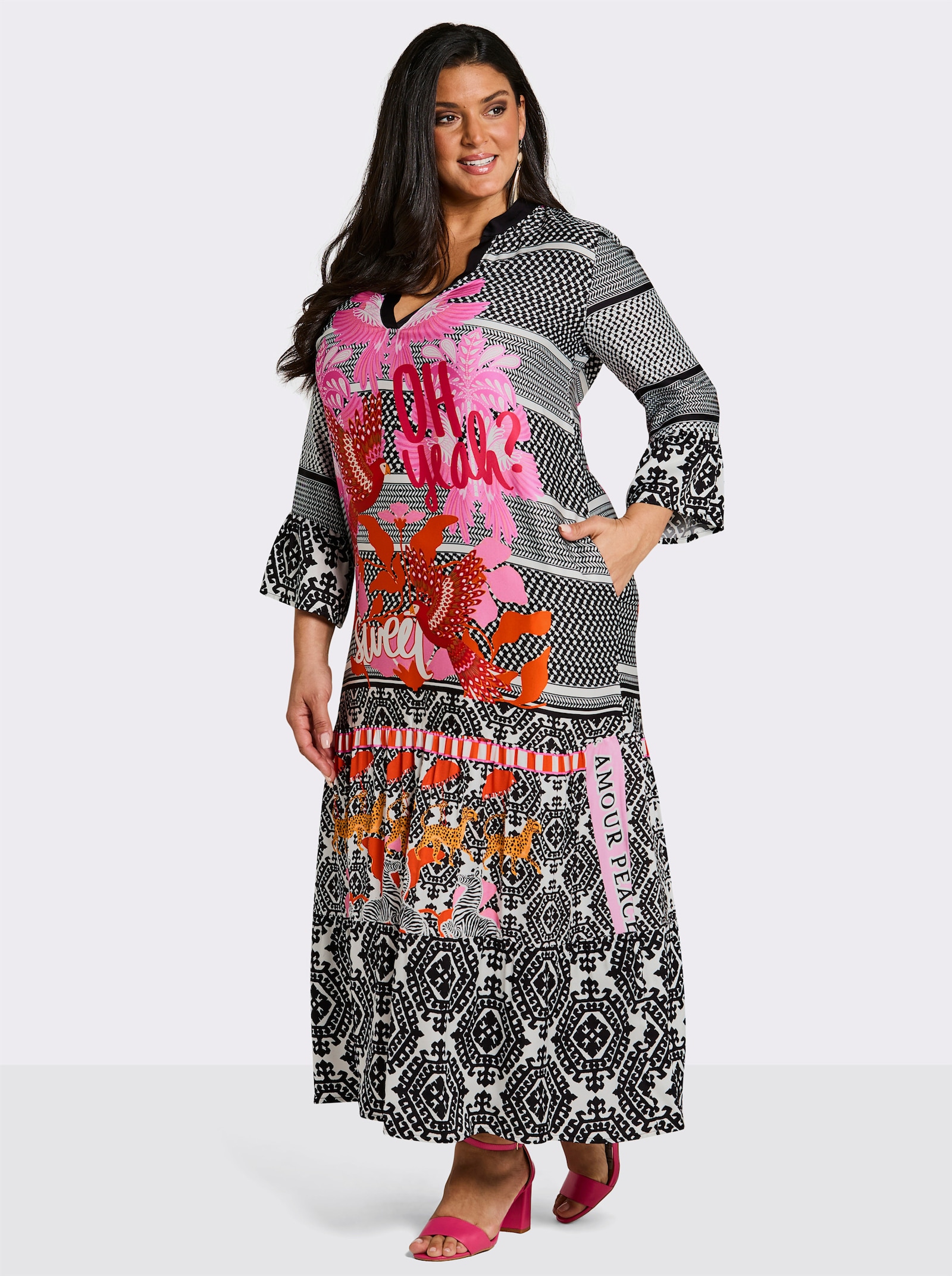 sheego loves miss goodlife Volantkleid im Mustermix - schwarz-pink-bedruckt