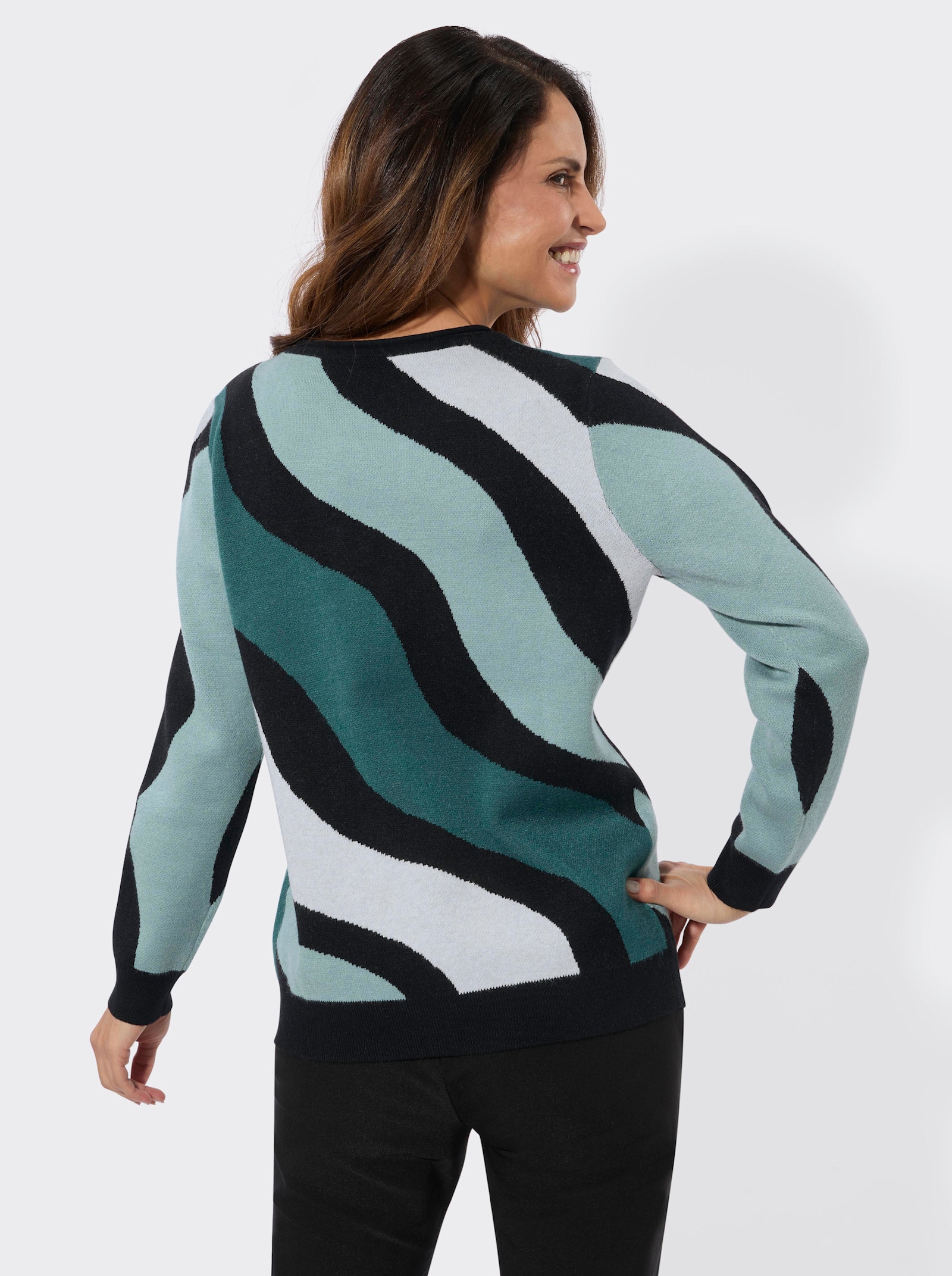 Jacquard-Pullover mit Wellenmuster - schwarz-jade-gemustert