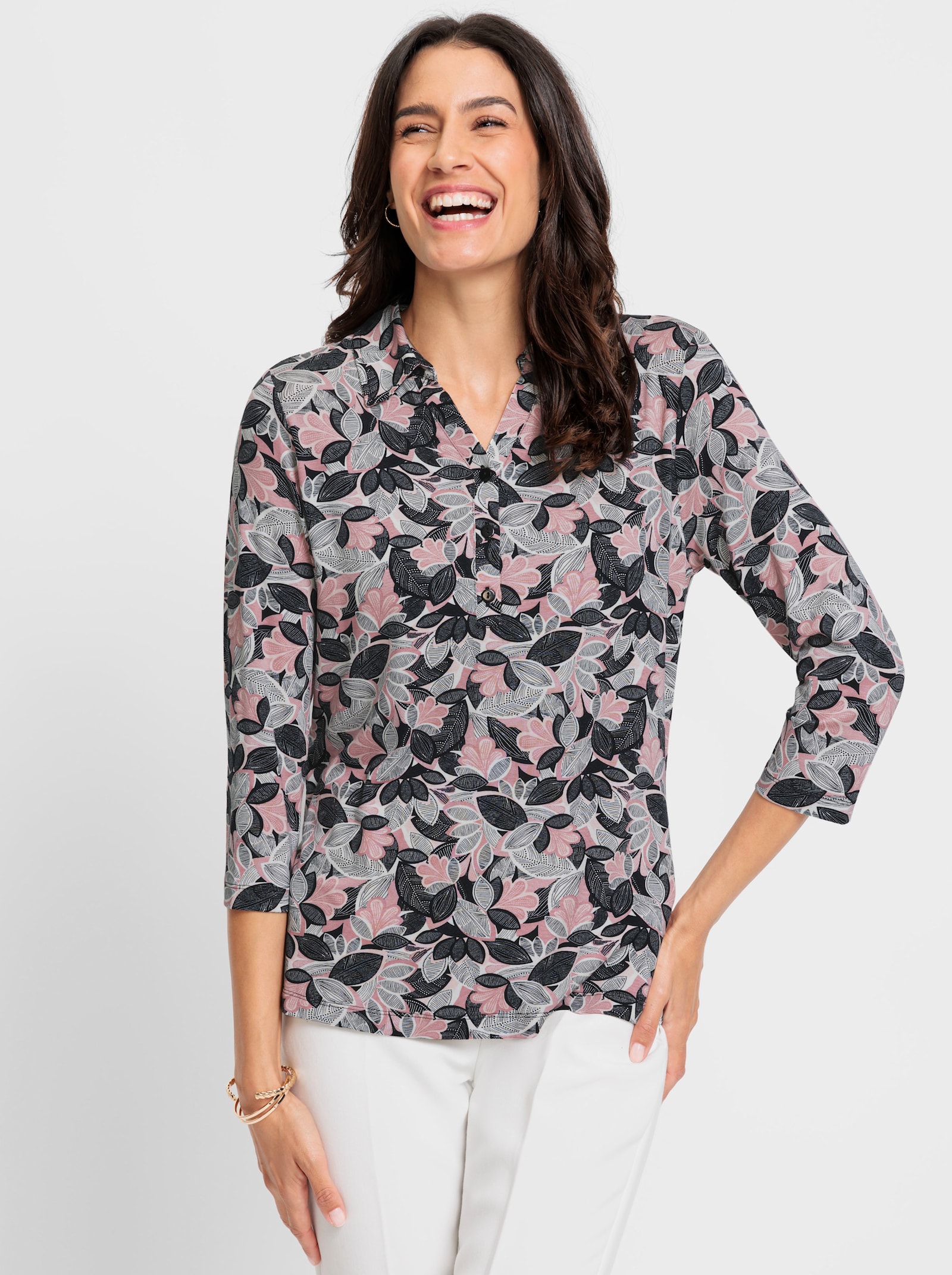 Poloshirt met bladerprint - hortensia/lichtroze bedrukt