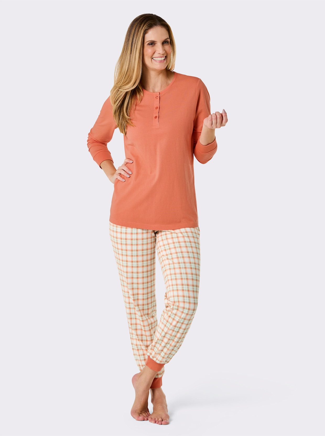wäschepur Pyjama - papaja/ecru geruit