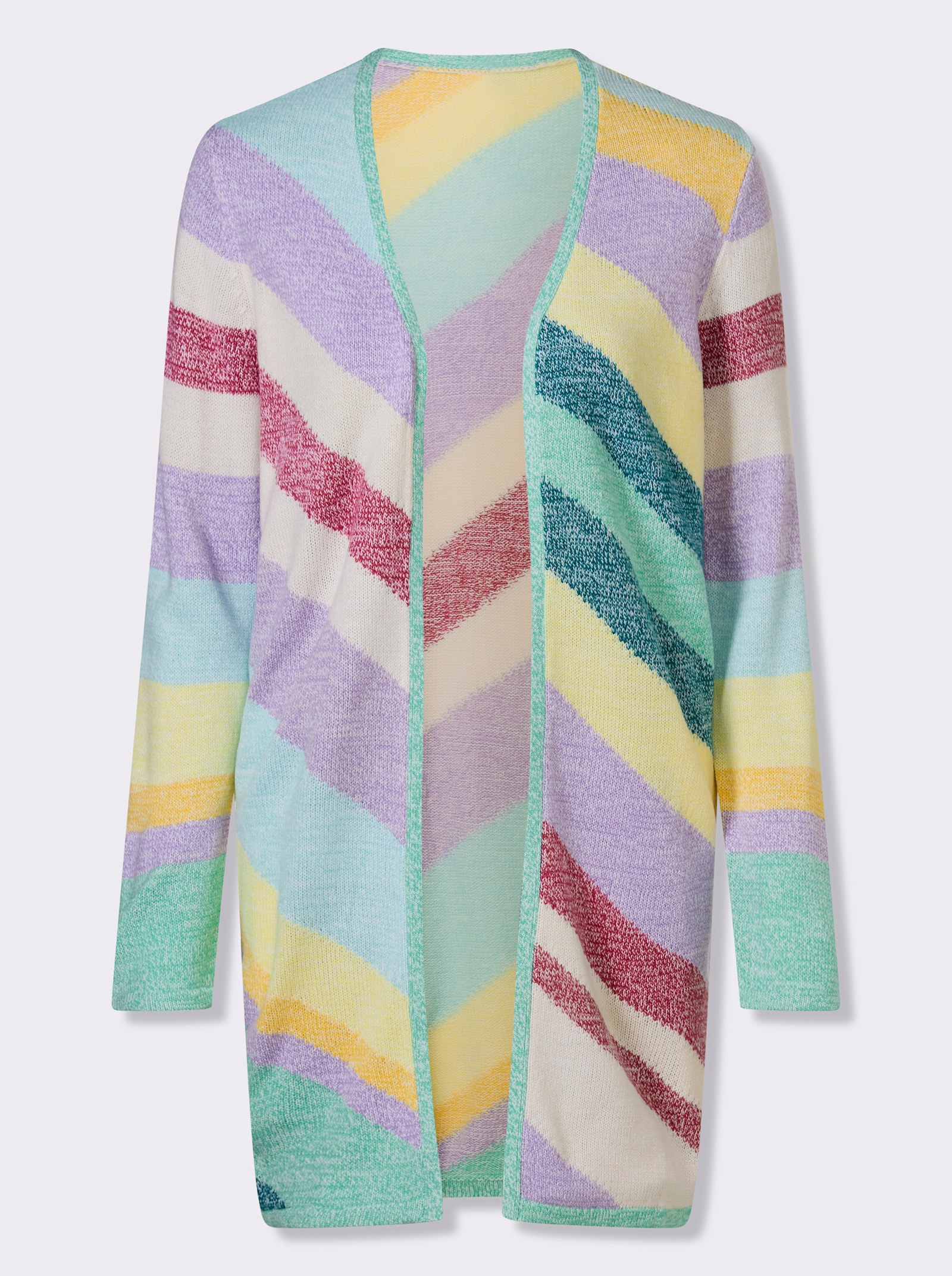 Pletený kabátek dlouhého, otevřeného střihu - modrozelená-levandulová-vzor