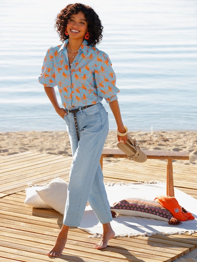 heine Druckbluse mit Kraken-Dessin - aqua-orange-bedruckt