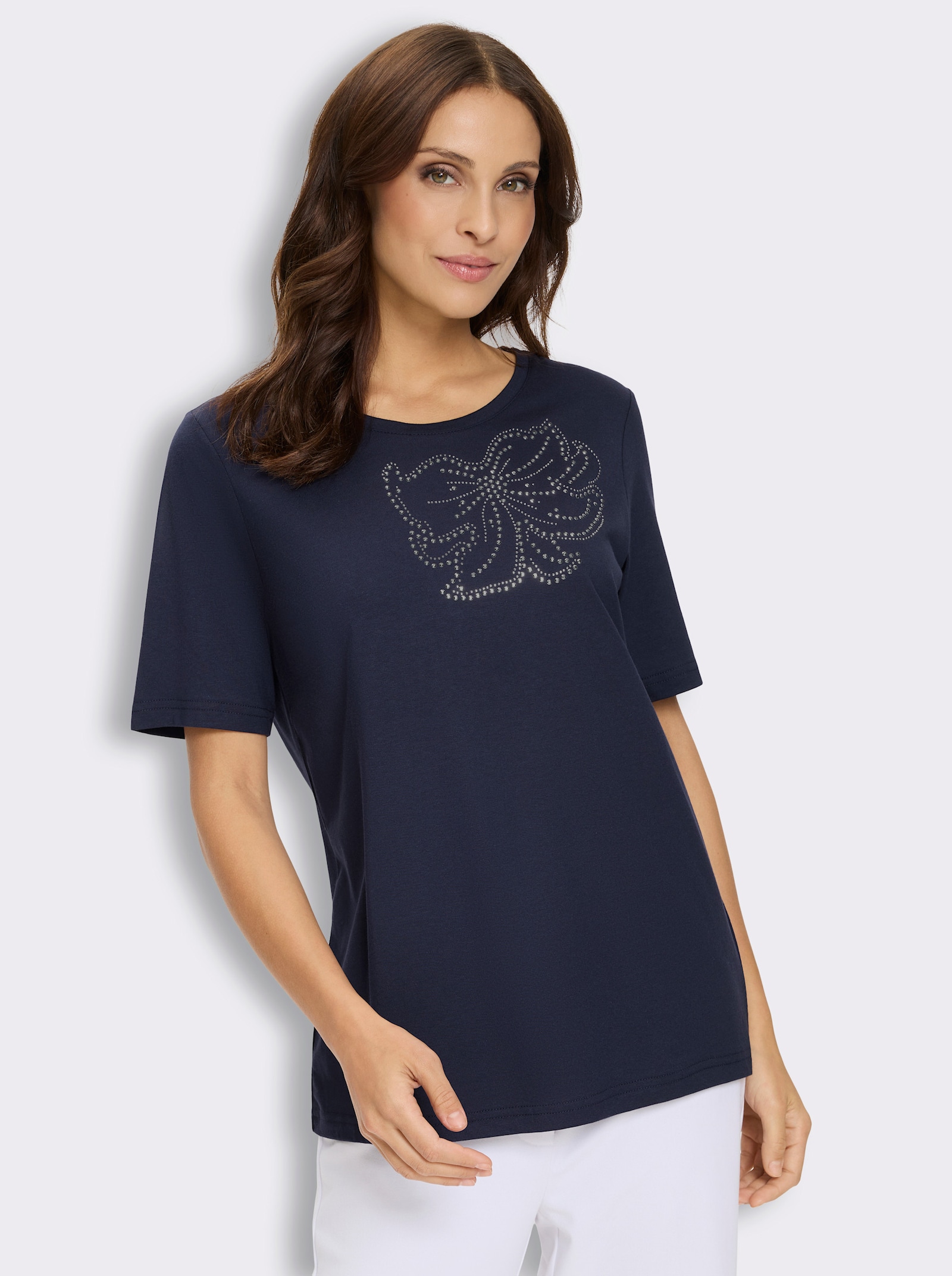 Rundhalsshirt mit Metallplättchen-Verzierung - marine