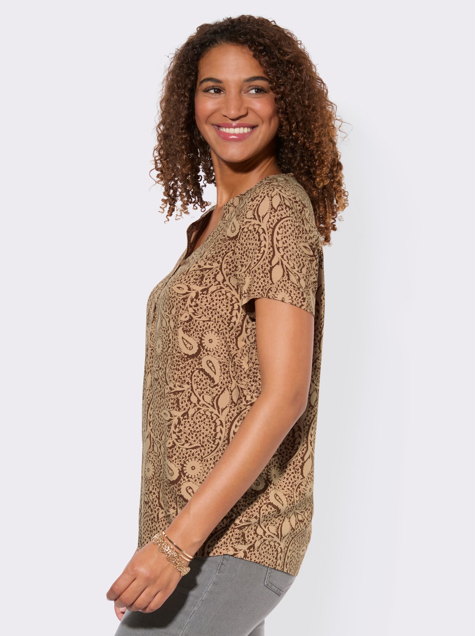 Schlupfbluse aus reiner Viskose - camel-braun-bedruckt