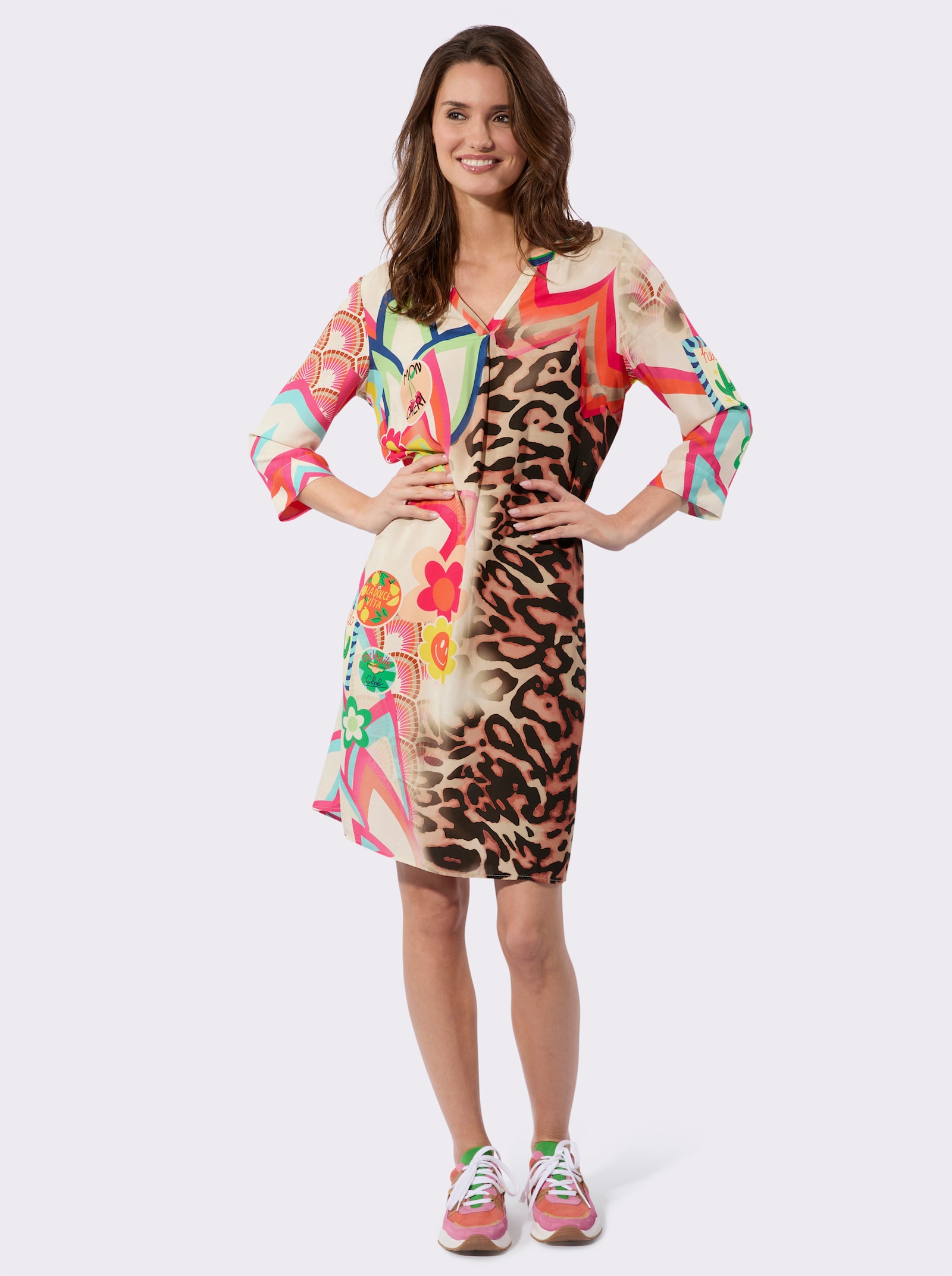 Tunikakleid im Muster-Mix - champagner-orange-bedruckt