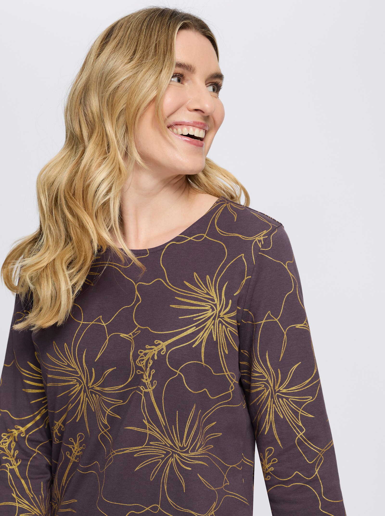 3/4-Arm-Shirt mit goldfarbenem Blütendruck - aubergine-goldfarben-bedruckt