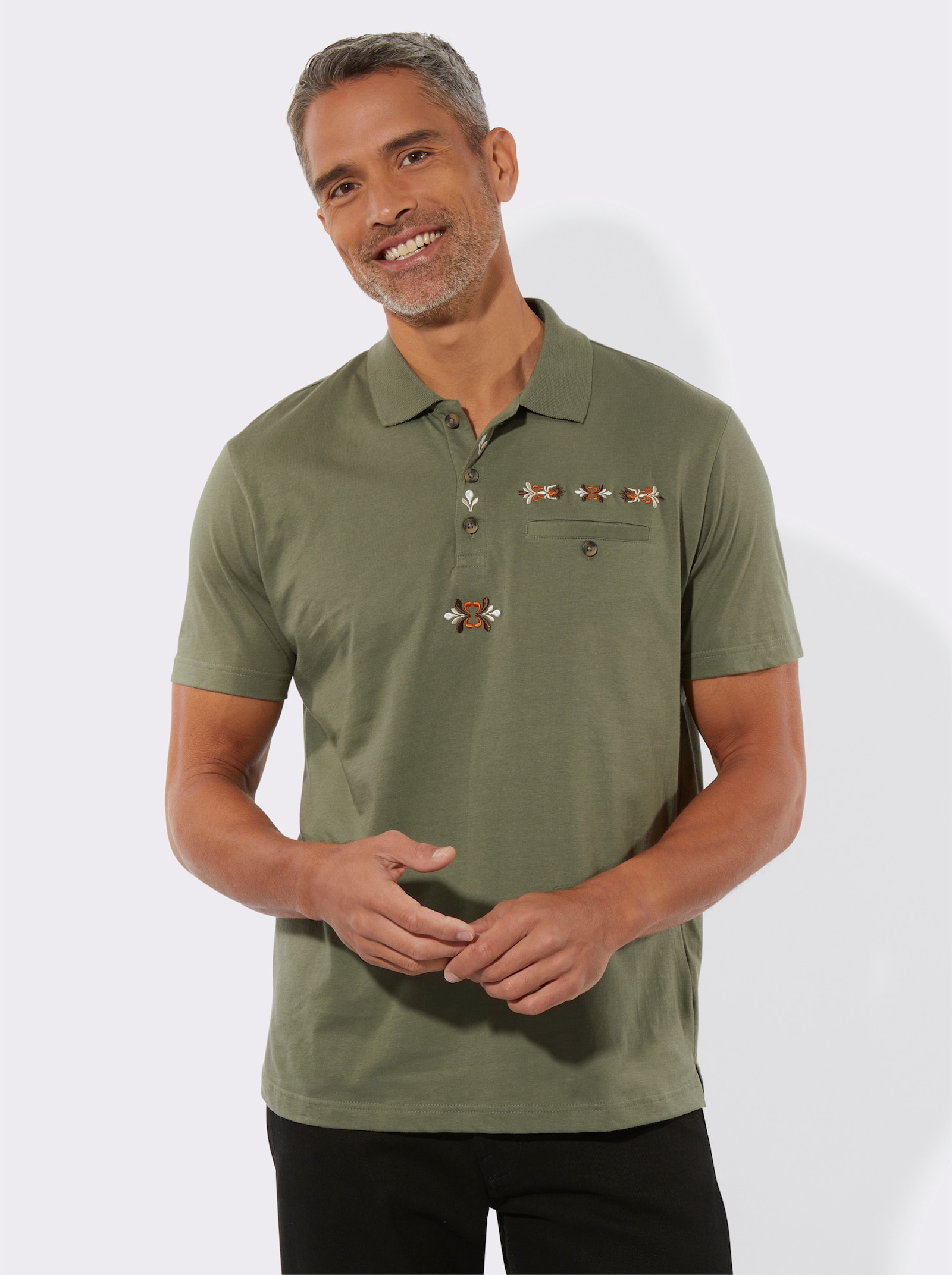 Poloshirt met folkloreborduursel - kaki