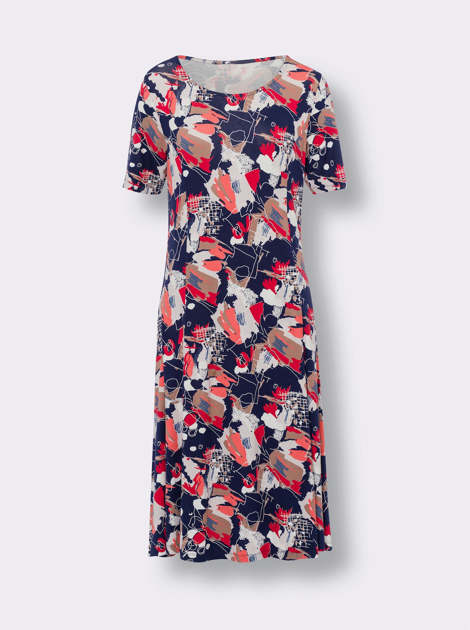 Jerseykleid mit kurzen Ärmeln - marine-koralle-bedruckt
