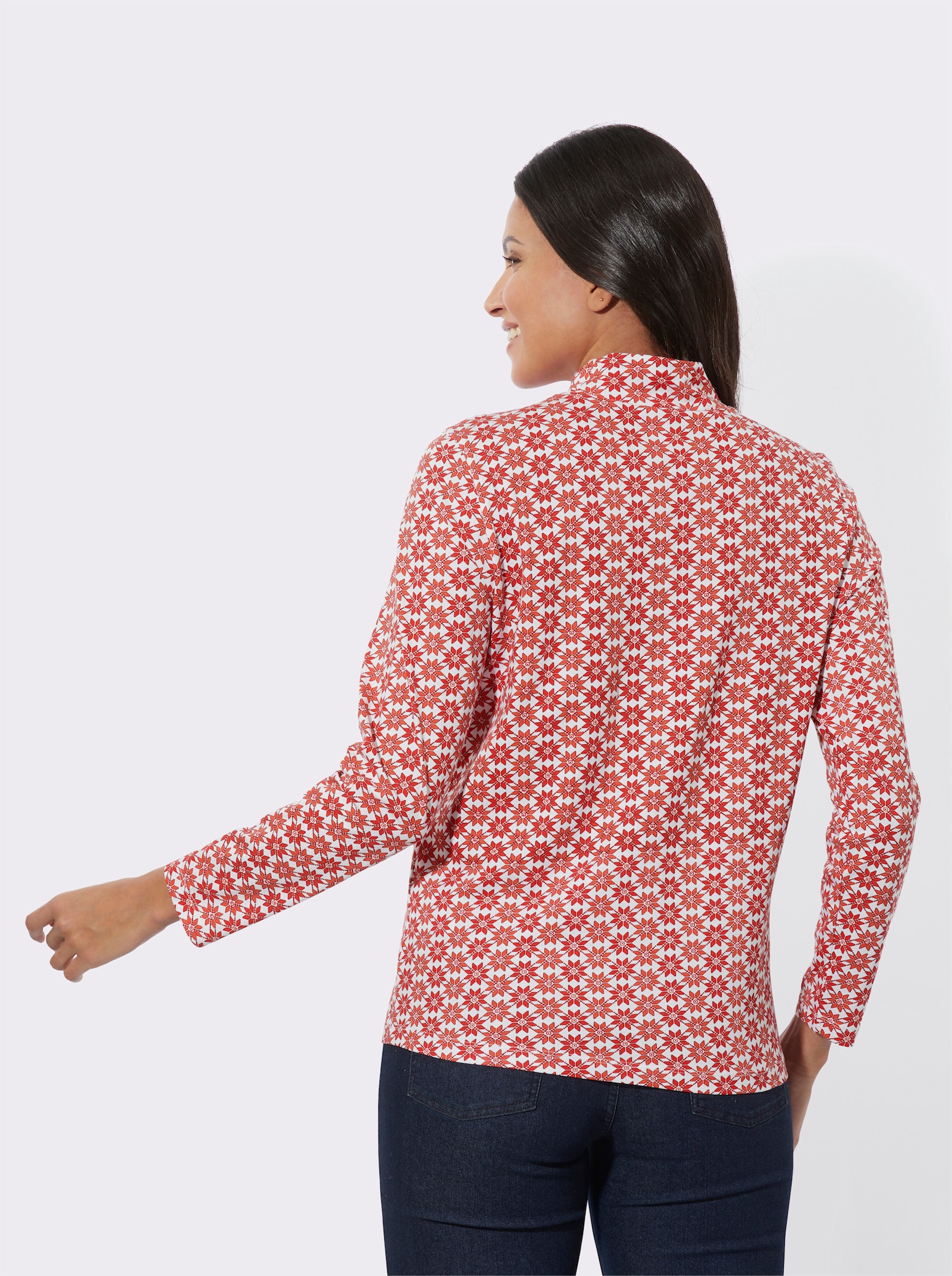 Stehkragenshirt mit Cut-out-Tropfen - kirsche-ecru-bedruckt