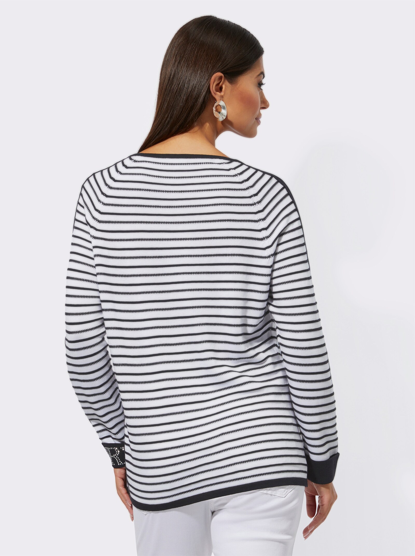 3/4 Arm-Pullover in 3D-Optik - schwarz-weiß-geringelt