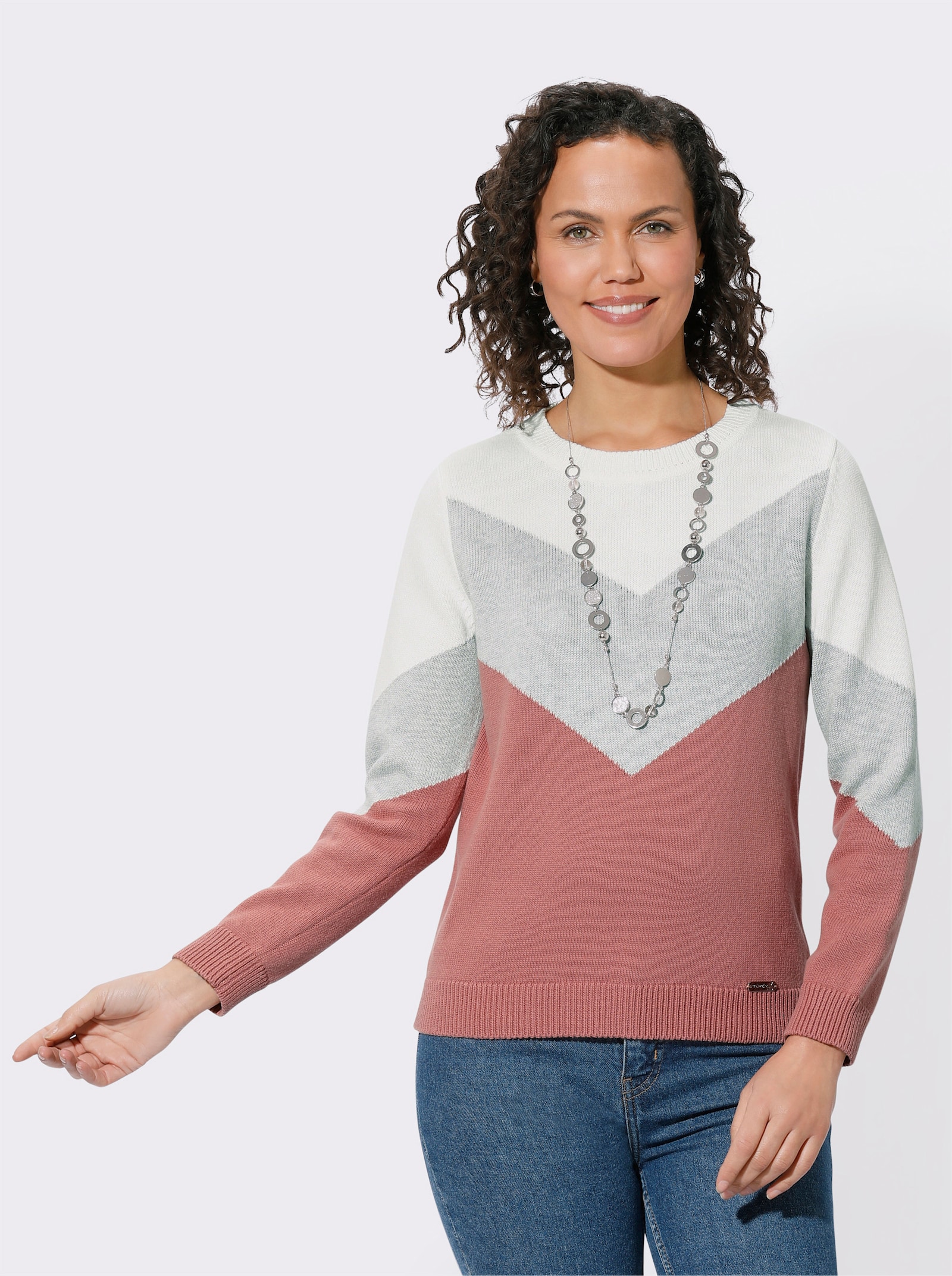 Rundhalspullover mit Colour-Blocking - rosenholz-hellgrau-meliert