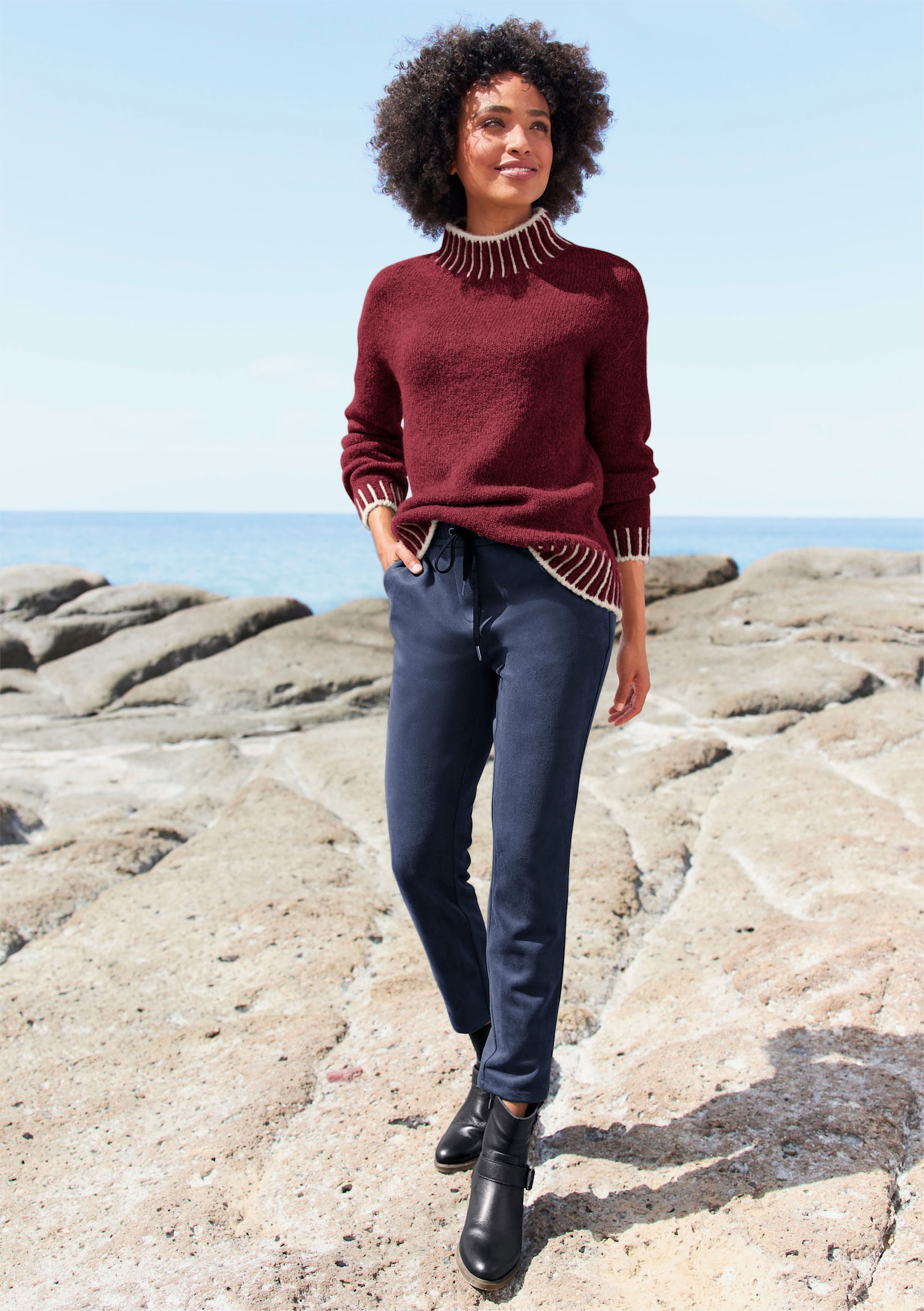 heine Stehkragenpullover mit Kontraststreifen - dunkelrot-ecru-meliert