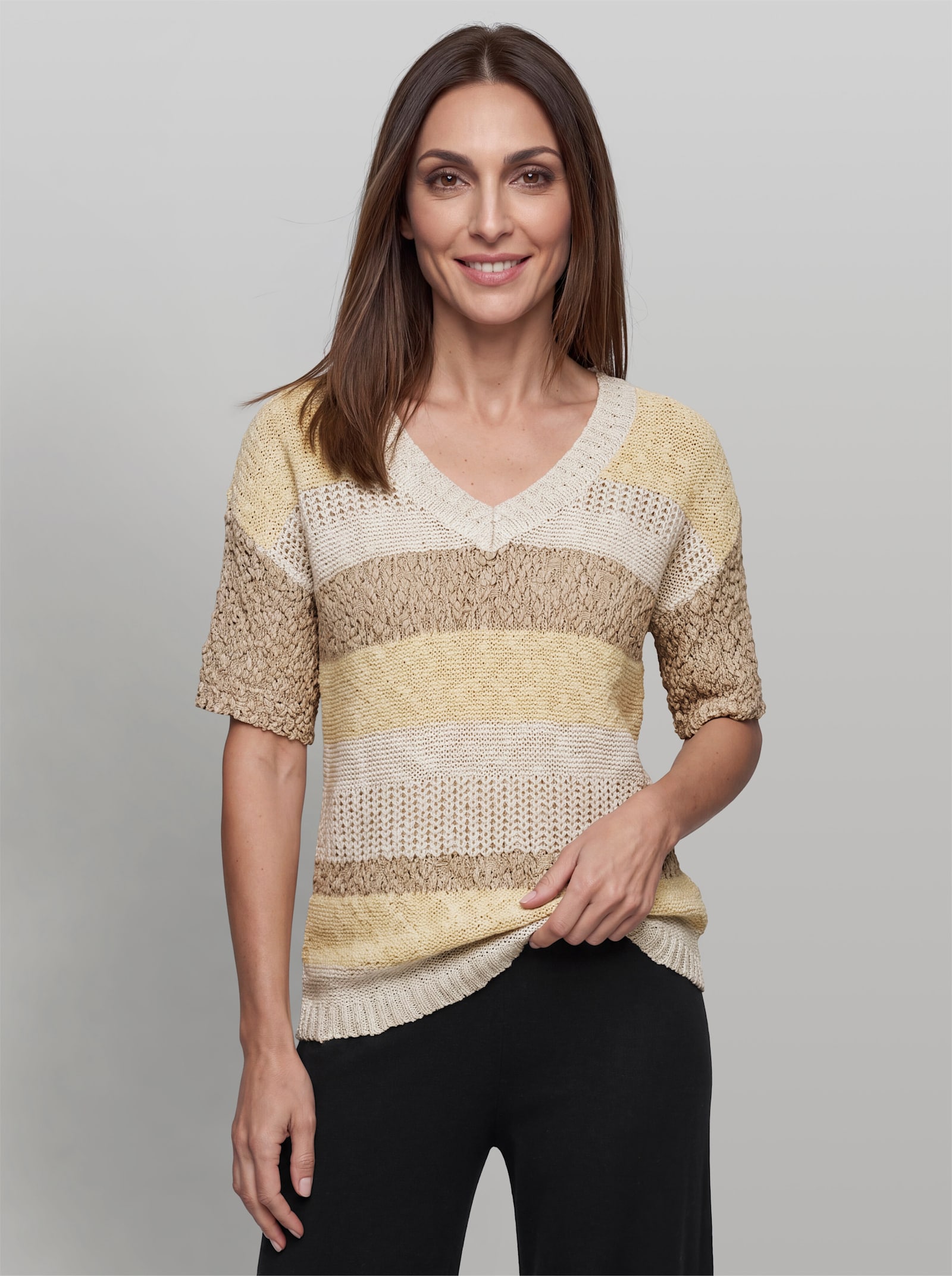 heine Kurzarmpullover im Strickmuster-Mix - vanille-champagner