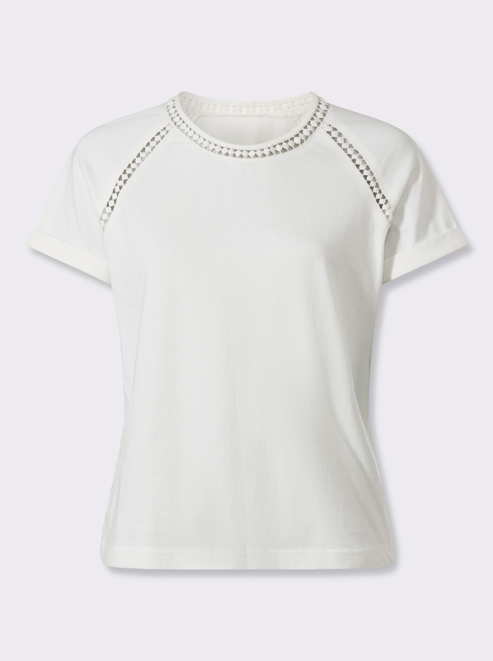Rundhalsshirt mit Spitzenborte - ecru