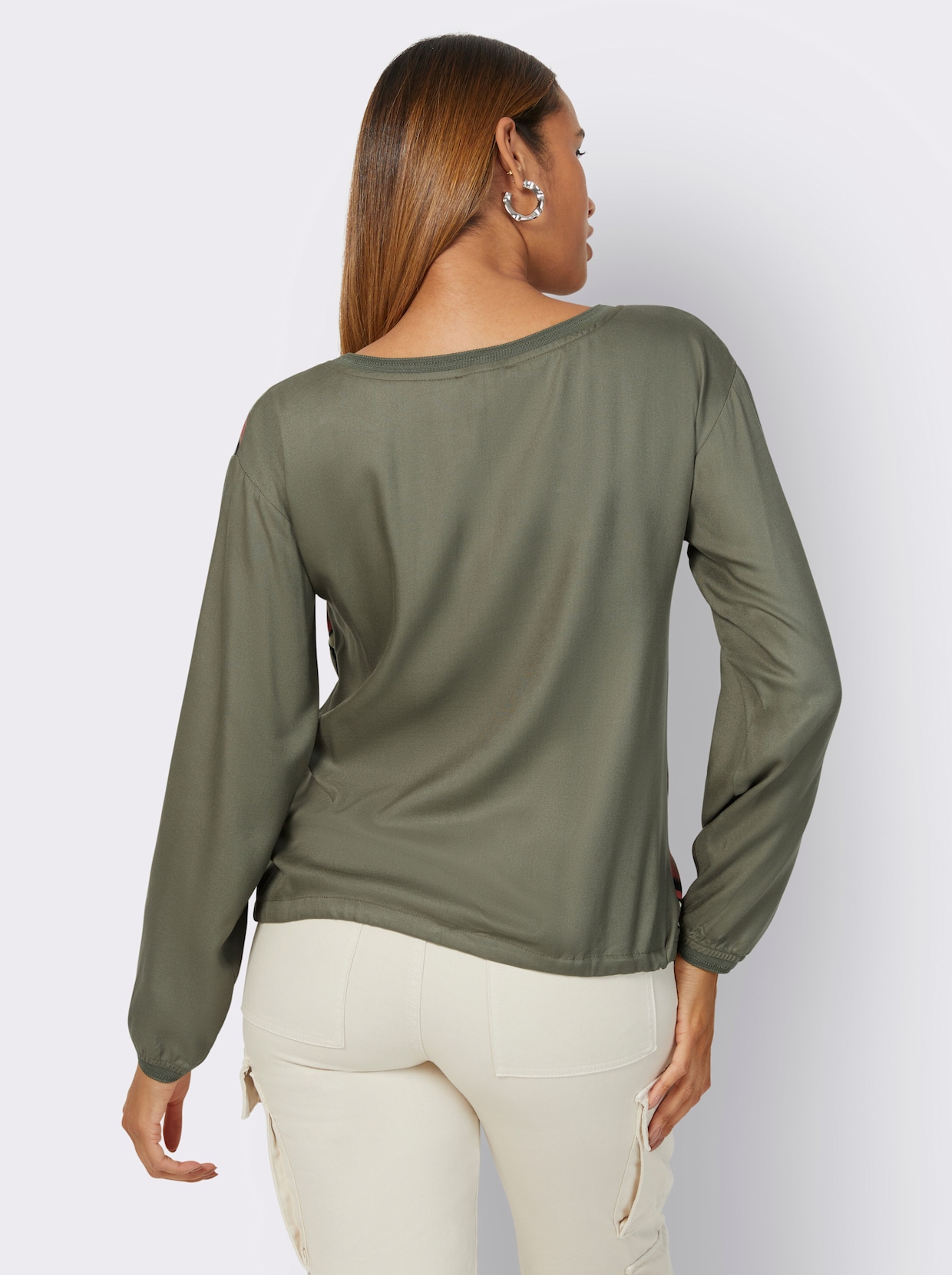 Volantbluse - khaki-rostrot-bedruckt