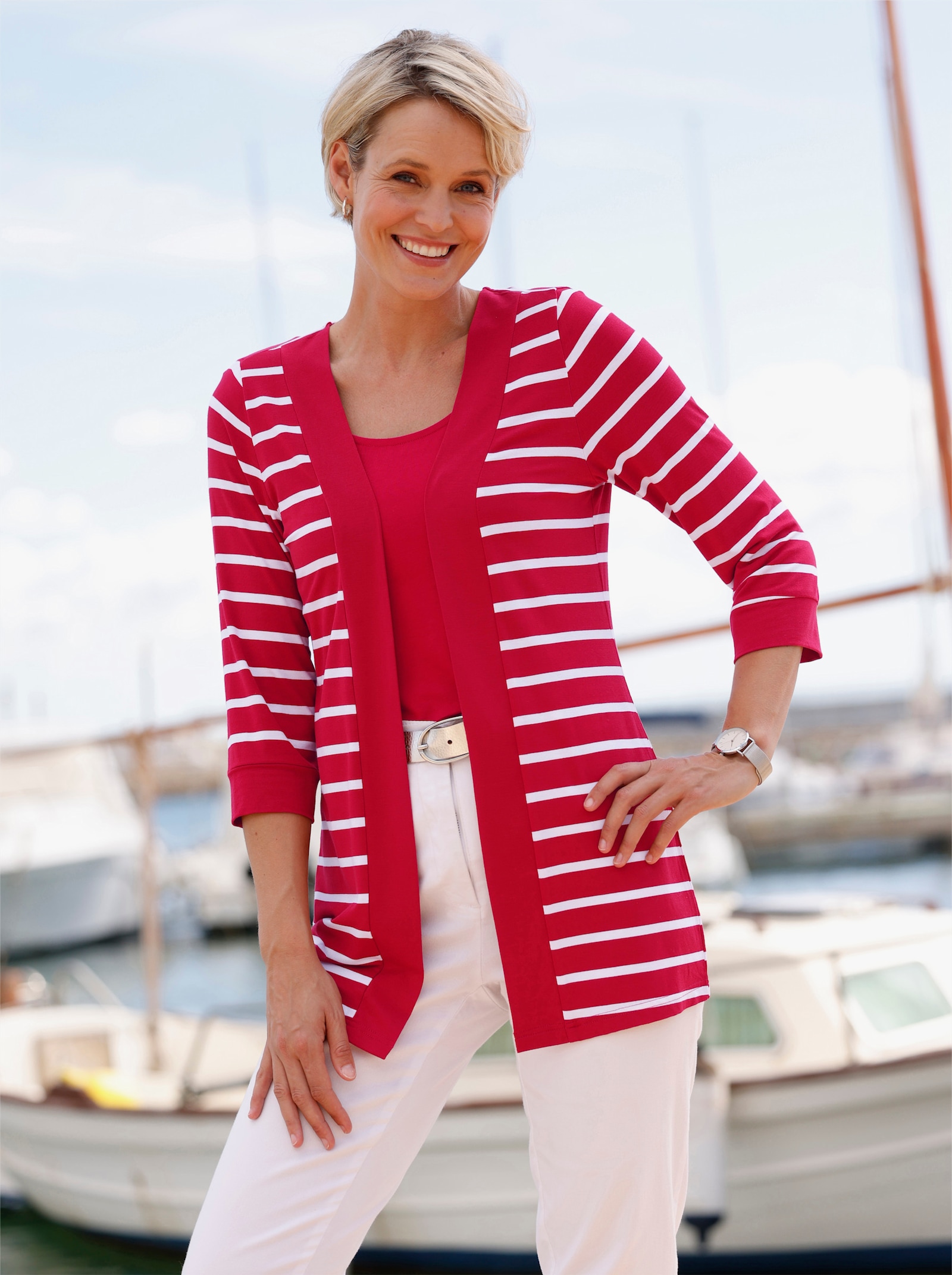 Shirtjacke im garngefärbten Streifenmuster - rot-weiß-gestreift