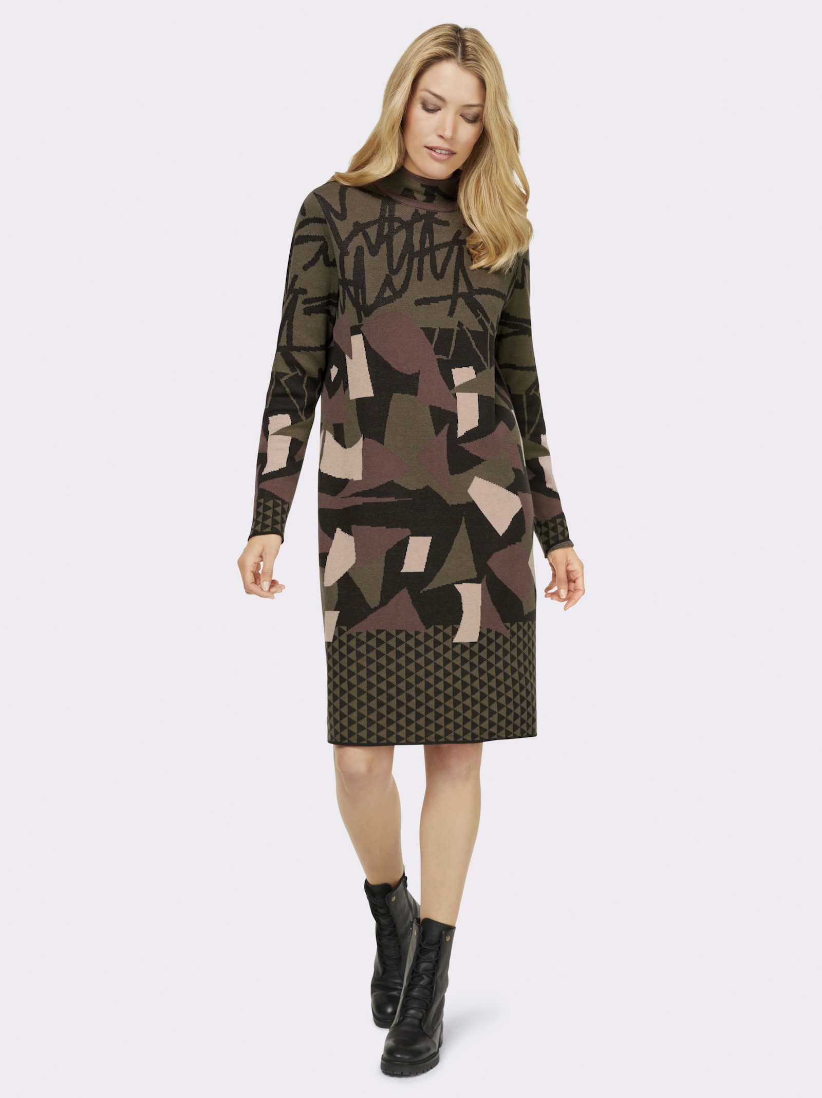 heine Gebreide jurk met opstaande kraag, bedrukt - kaki/grafiet gedessineerd
