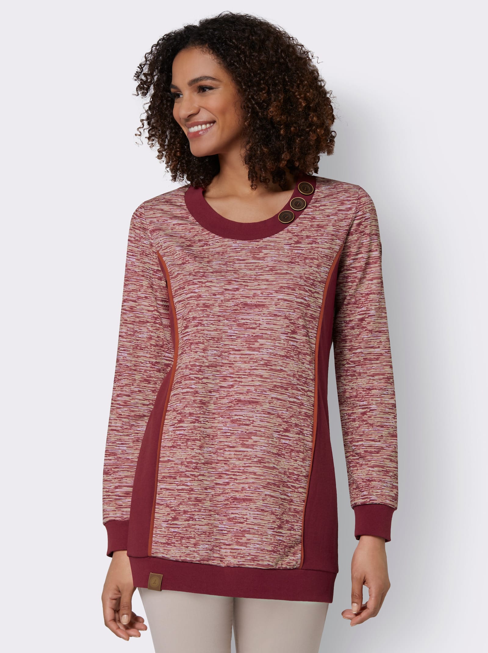 Sweatshirt in Longform - dunkelrot-weiß-meliert