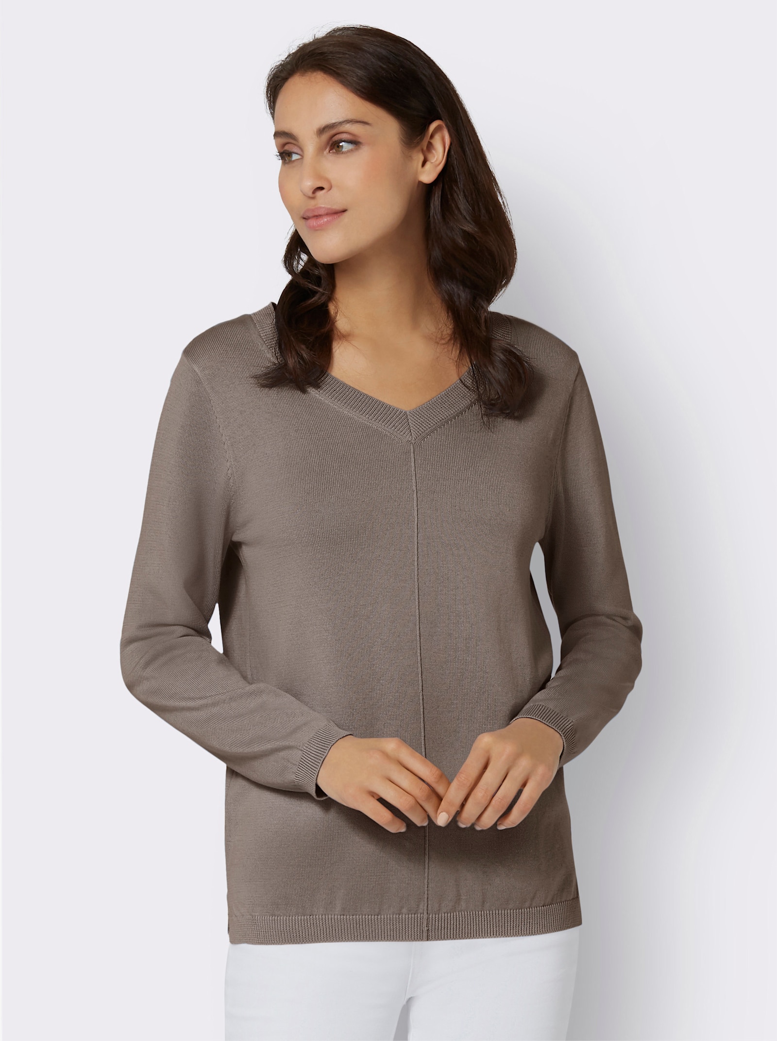 V-Ausschnitt-Pullover mit Biesen vorne - taupe