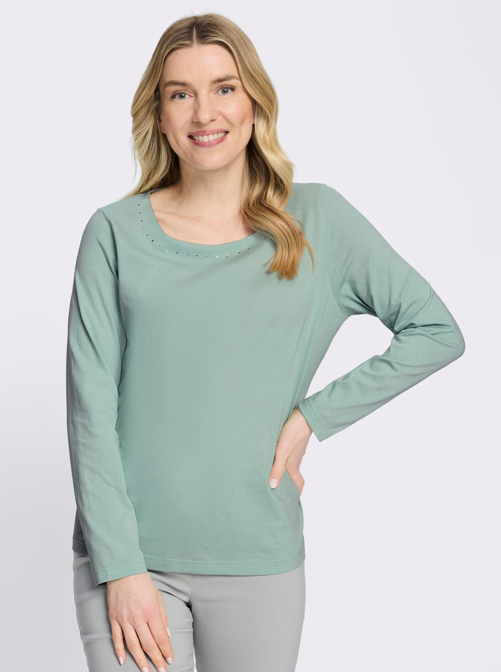 Langarmshirt mit Glitzersteinchen - kalkmint