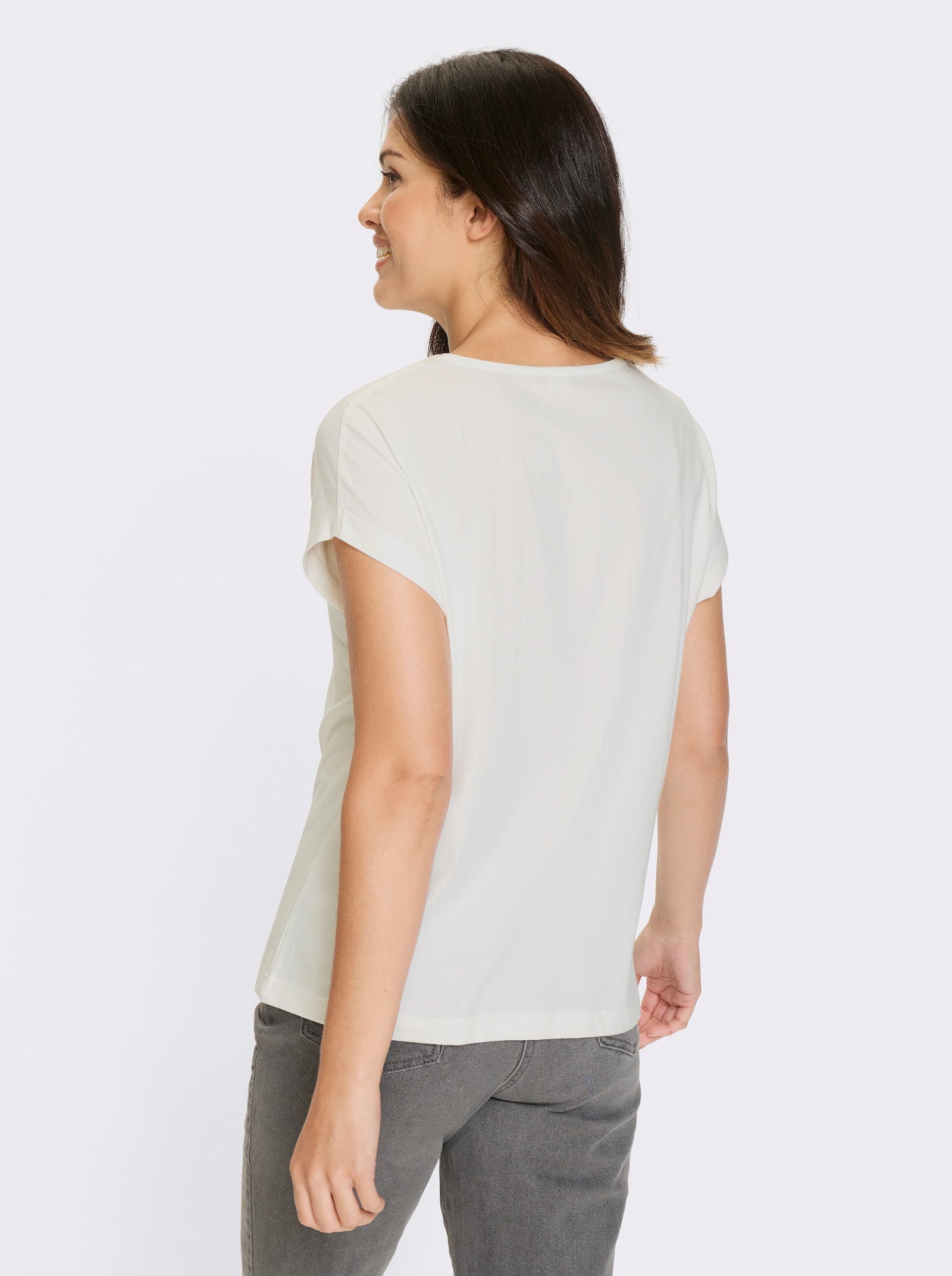 Kurzarmshirt mit Häkelspitze - ecru-fuchsia