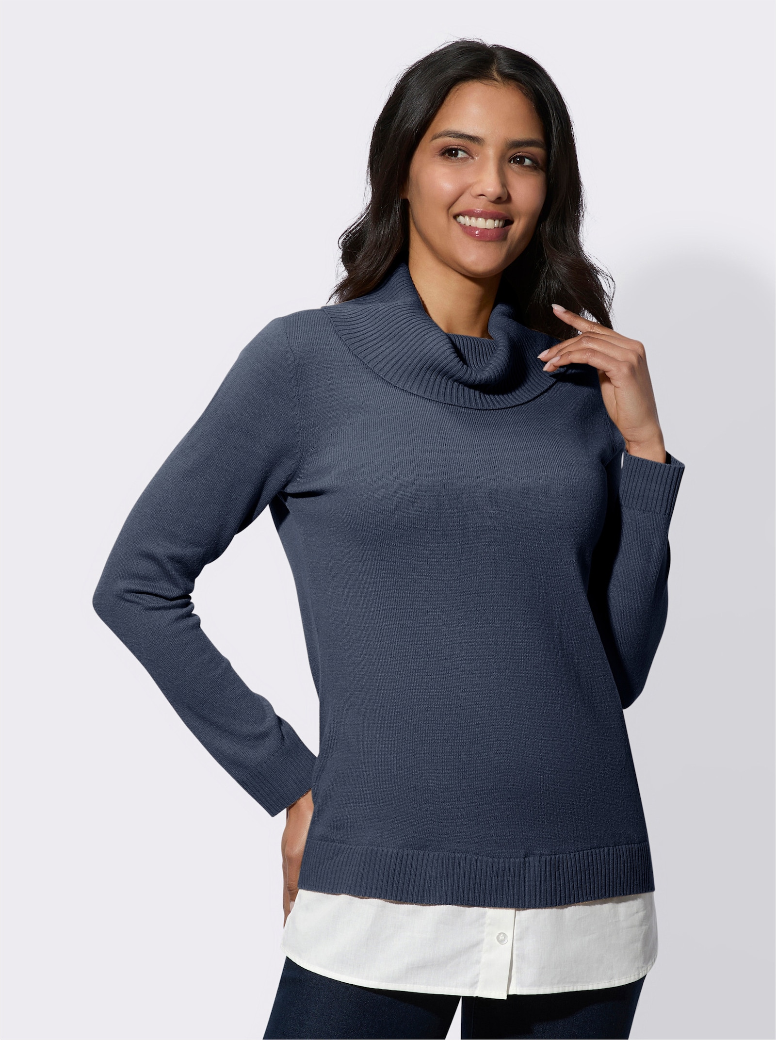 Pulóver 2v1, voľný rolákový golier - Dymová modrá – biela