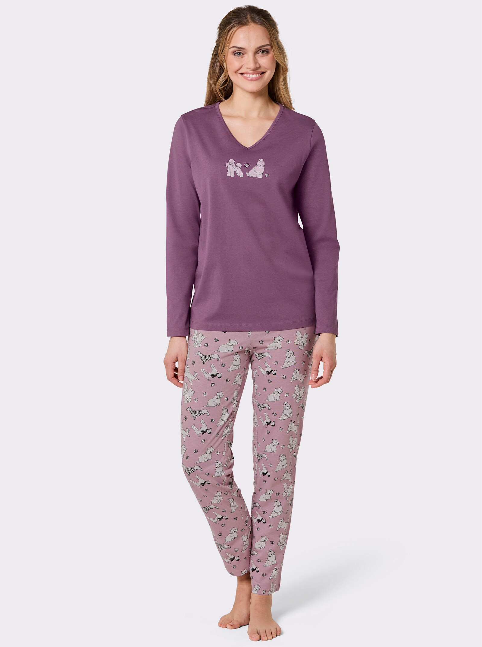 wäschepur Schlafanzüge mit Hunde-Motiven - ozean-mint-bedruckt + violett-mauve-bedruckt