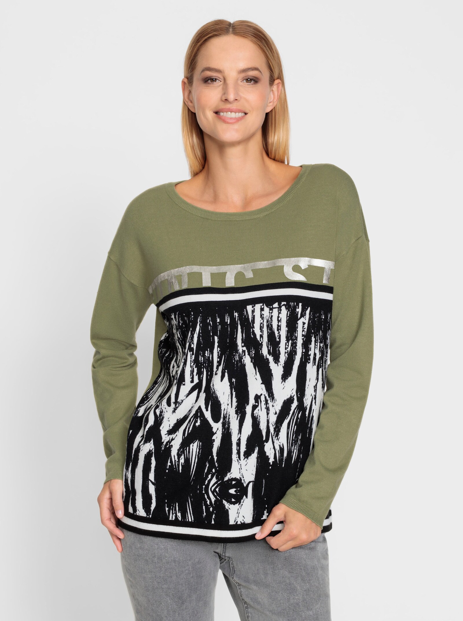 heine Langarm-Pullover mit Foliendruck - schilf-schwarz-gemustert