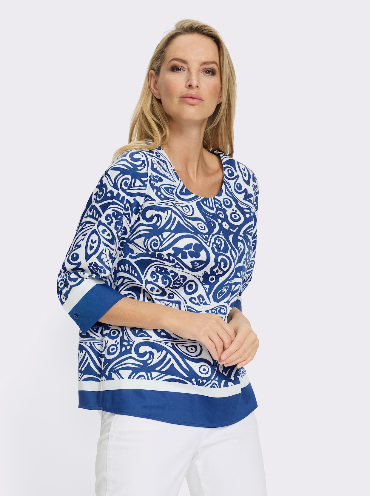 heine Druckbluse - royalblau-ecru-bedruckt