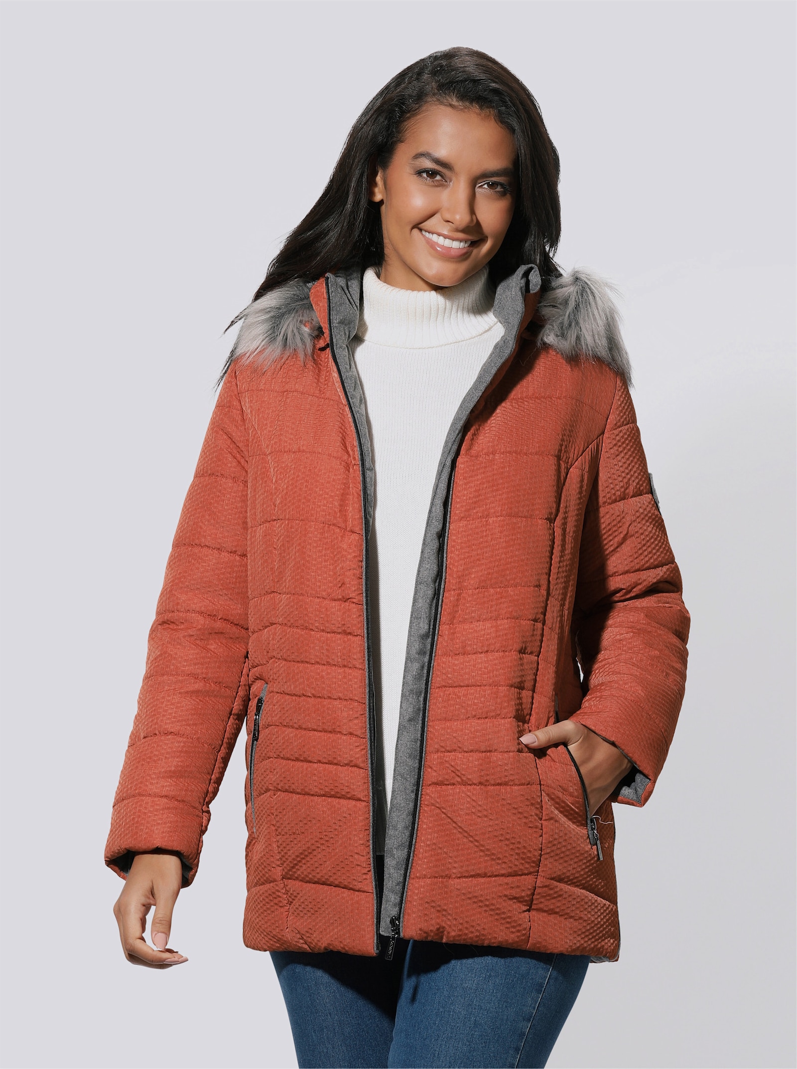 Steppjacke mit abnehmbarem Pelz-Imitat - rostrot