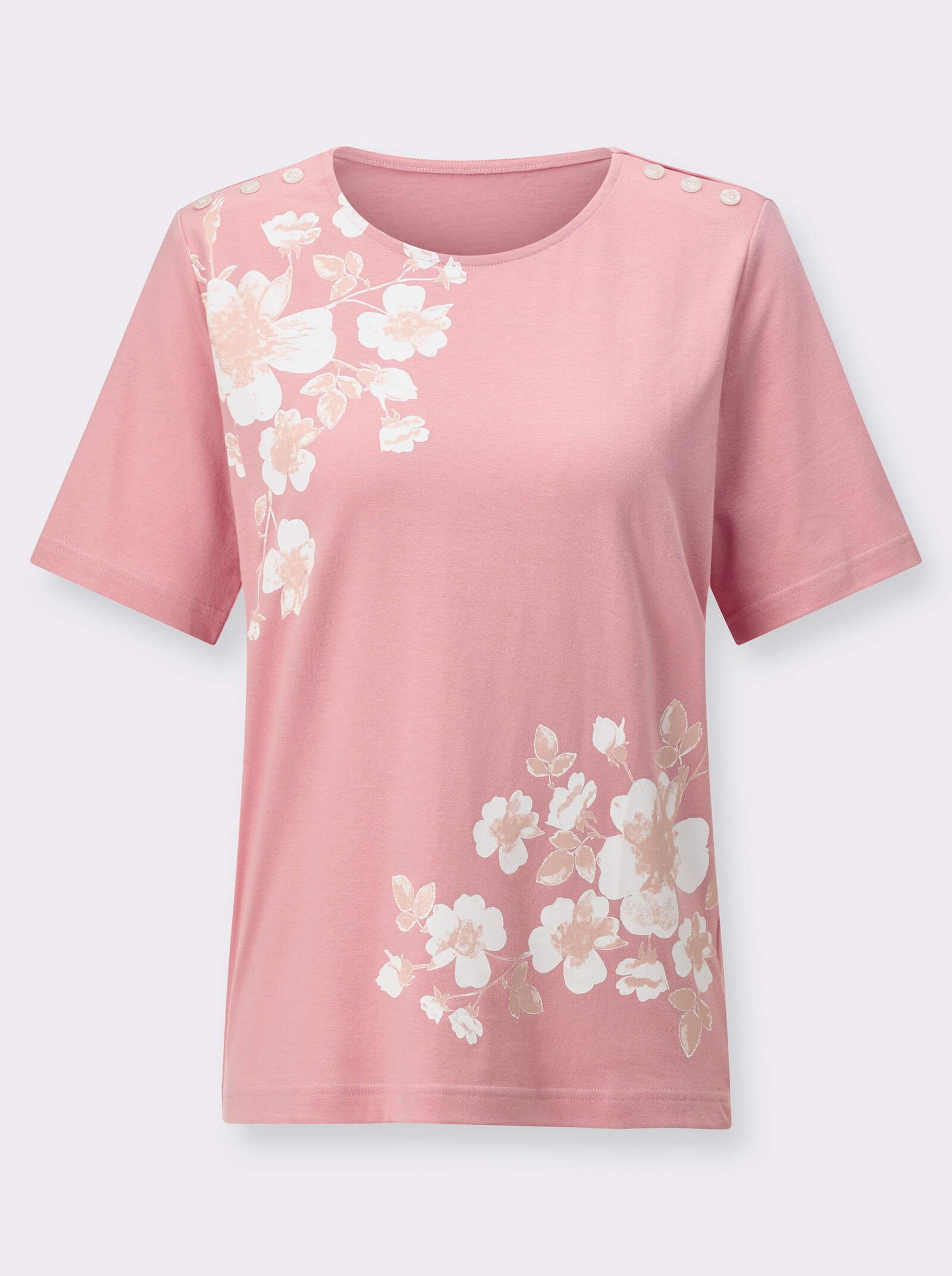 Shirt met ronde hals en sierknopen op de schouders - rozenkwarts bedrukt