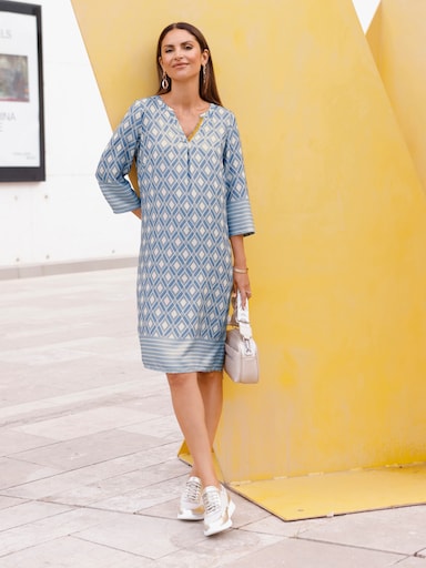 A-Linien-Kleid mit Falte vorne und hinten - himmelblau-ecru-bedruckt