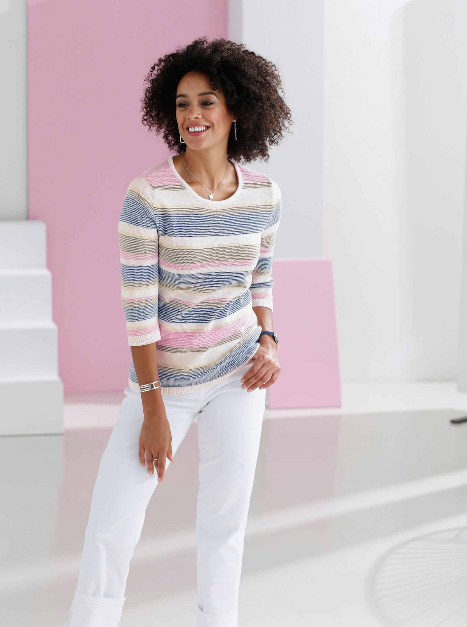 Pruhovaný pulóver so vzorom z farbených priadzí - svetlobéžová pásikovaná