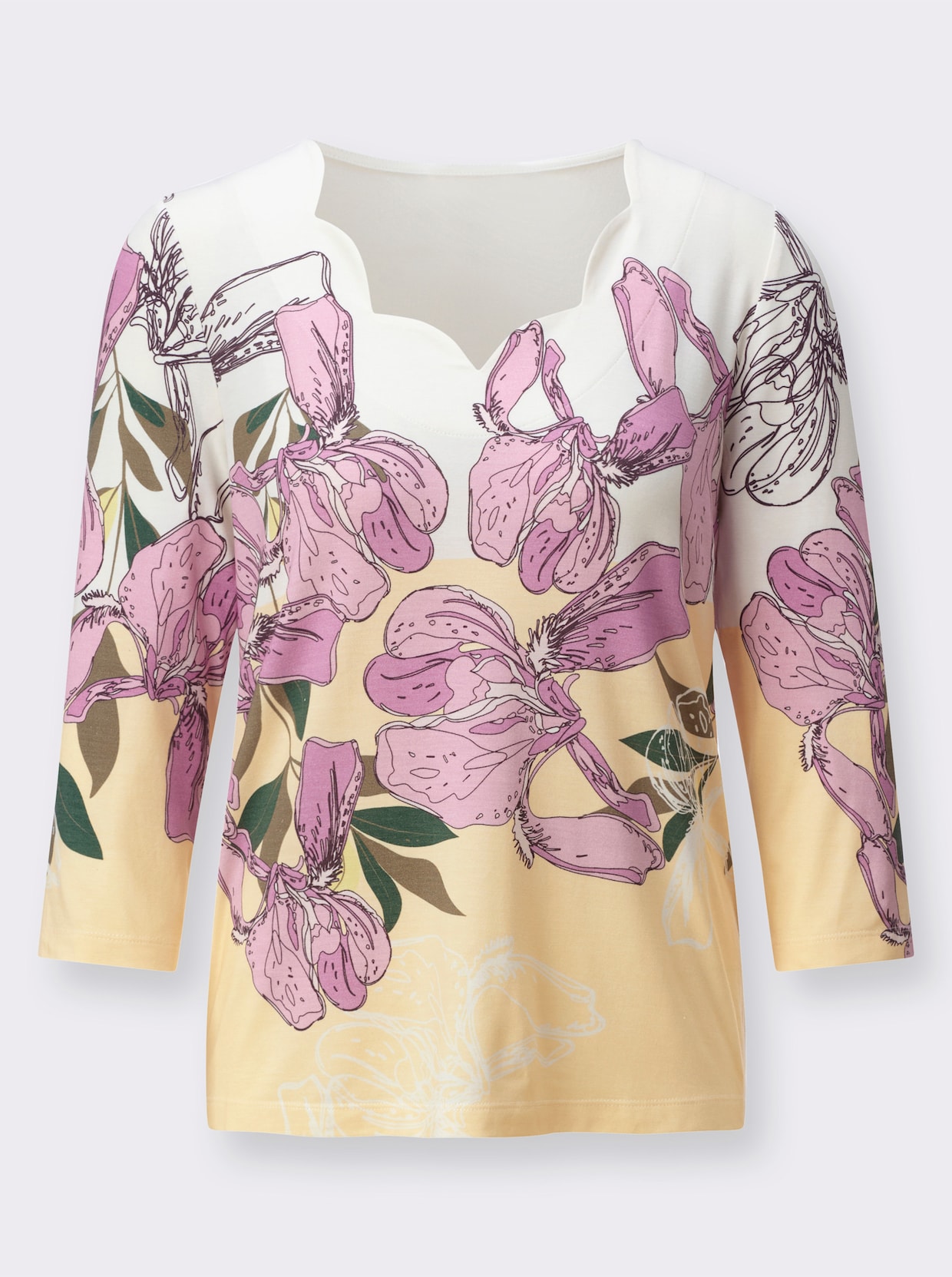 3/4-Arm-Shirt mit Wellenkante am Ausschnitt - ecru-orchidee-bedruckt