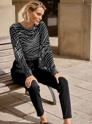 Schlupfbluse mit Smokbündchen - schwarz-weiß-bedruckt