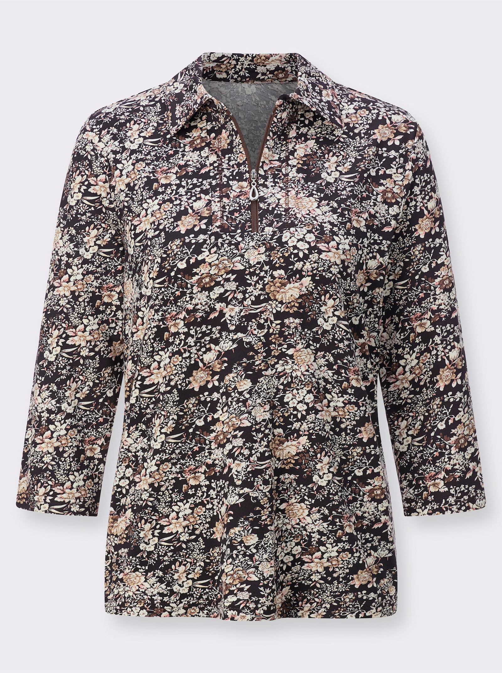 Poloshirt mit Viskose in ECOVERO-Qualität - camel-schwarz-bedruckt