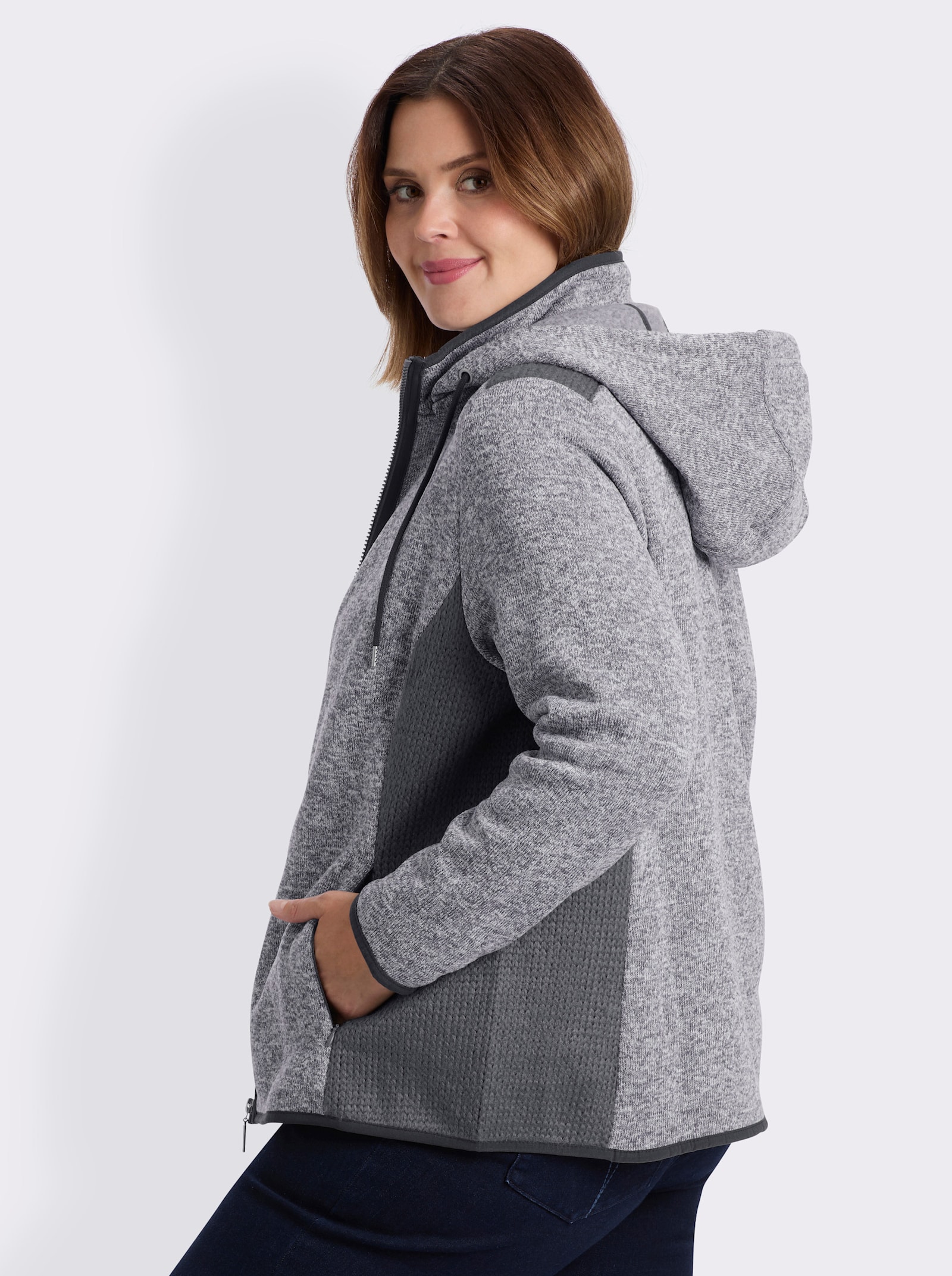 Strickfleecejacke mit seitlichen Strick-Einsätzen - anthrazit-meliert