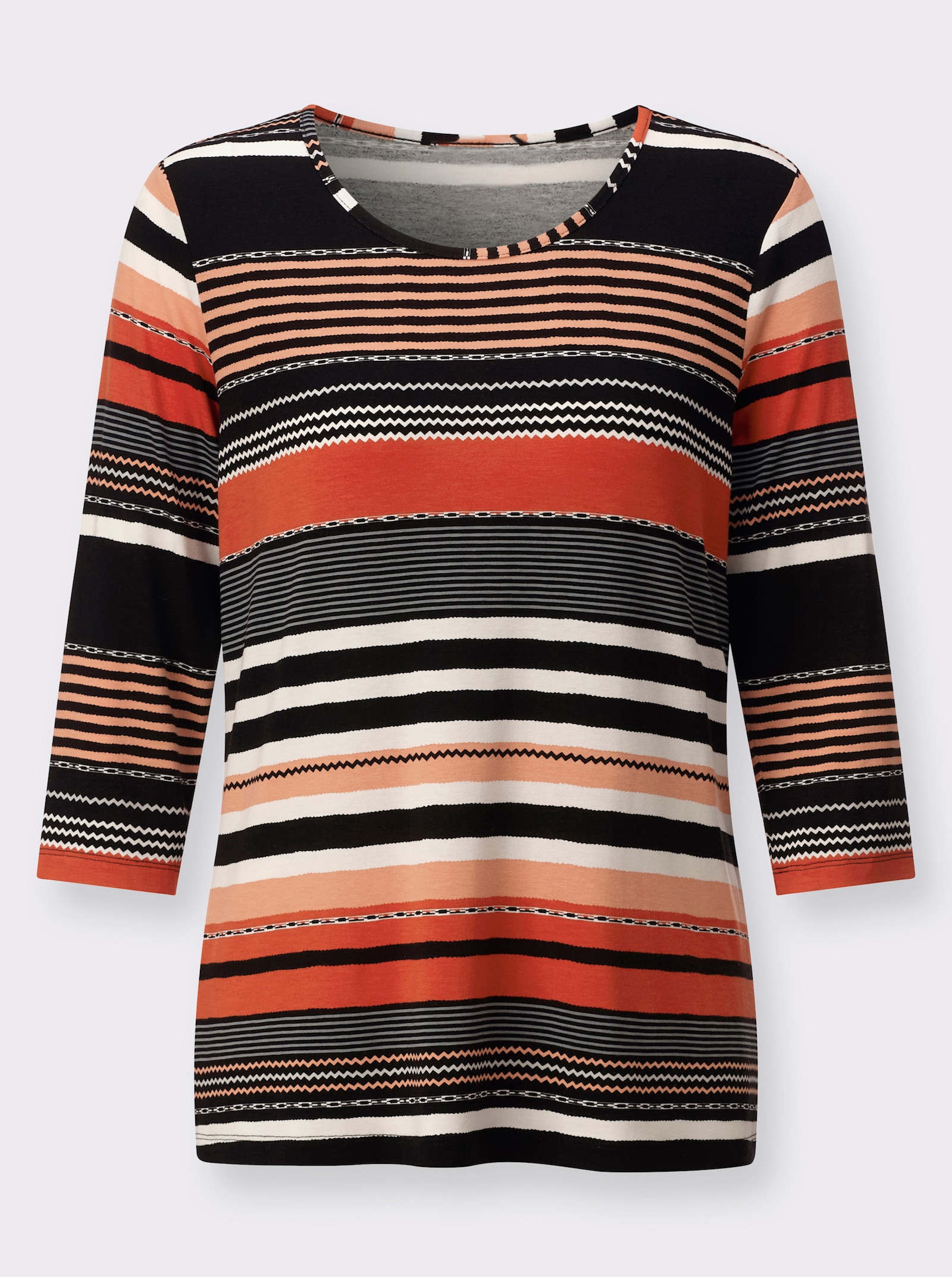 Ringelshirt mit Rundhals-Ausschnitt - erdbeere-schwarz-geringelt