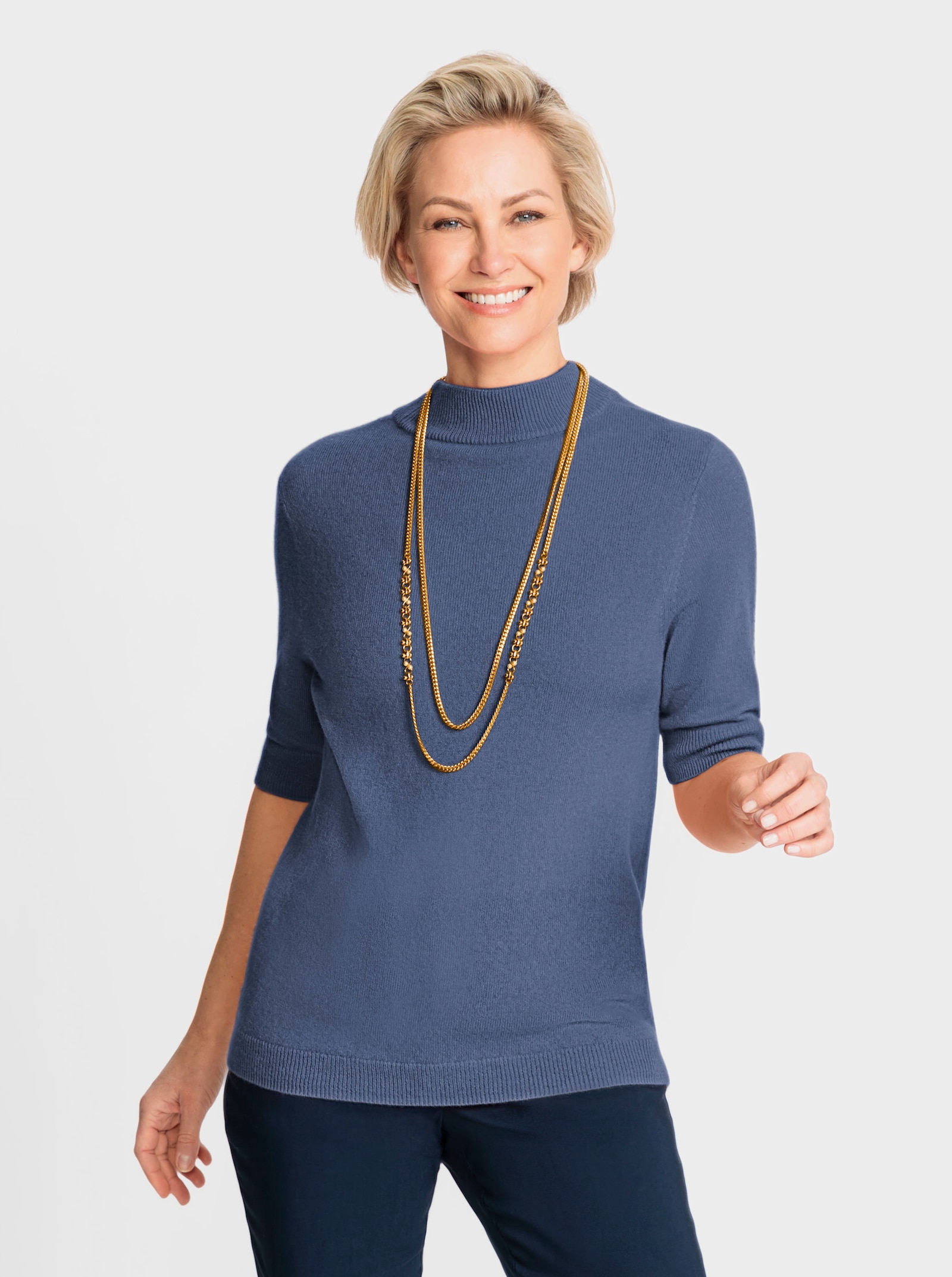 Stehkragenpullover aus reinem Kaschmir - blau-meliert