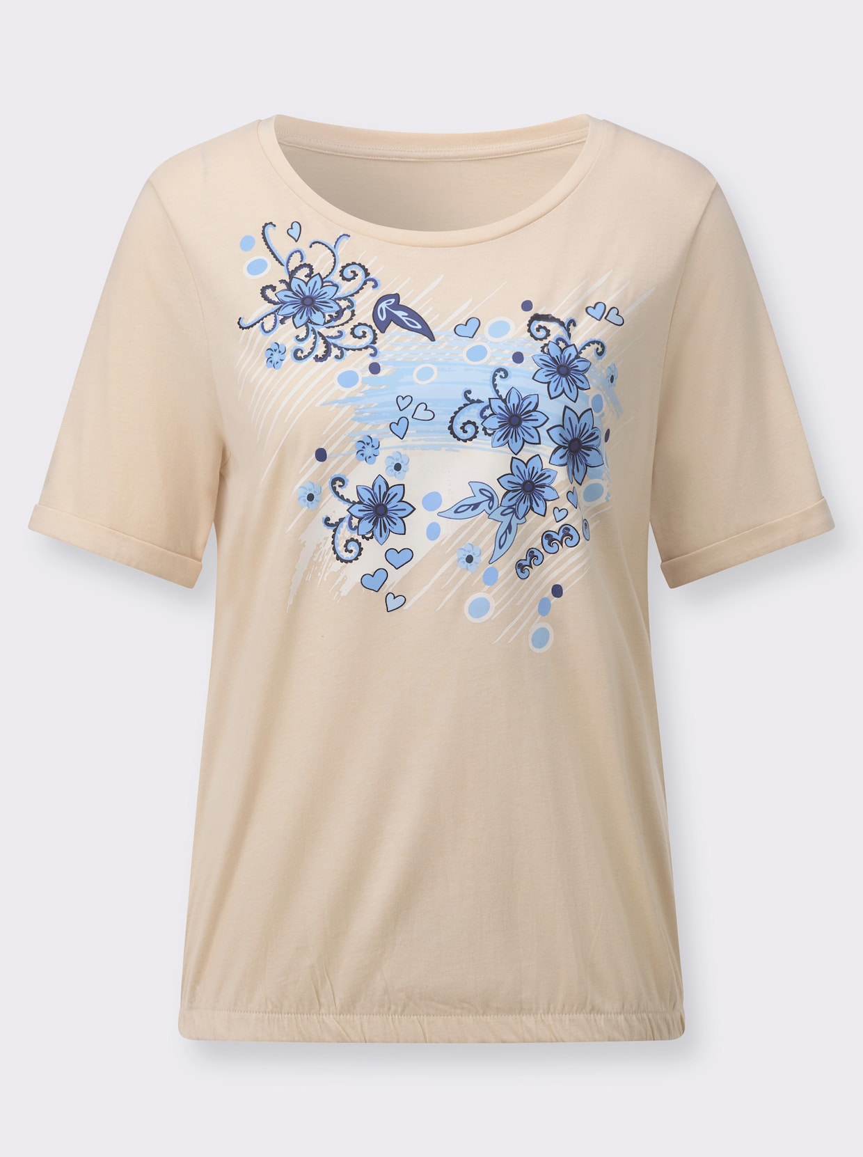 Kurzarmshirt - elfenbein-royalblau-bedruckt