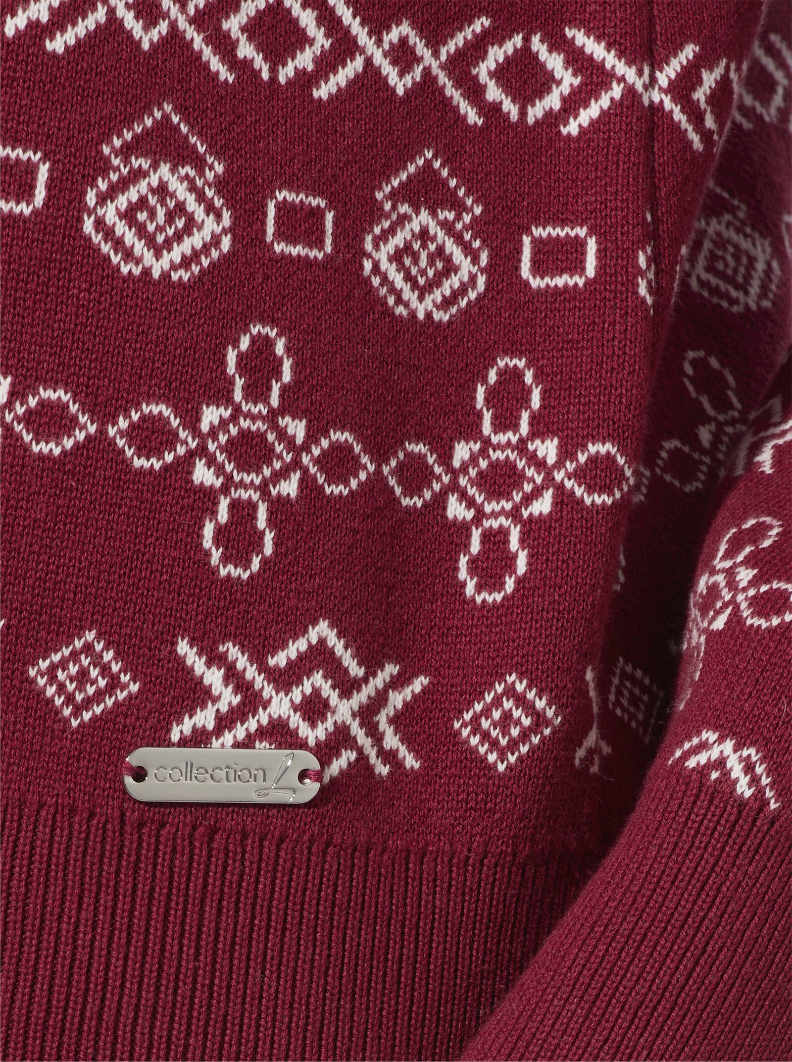 Jacquard-Pullover mit geripptem Saum - dunkelrot-ecru-gemustert